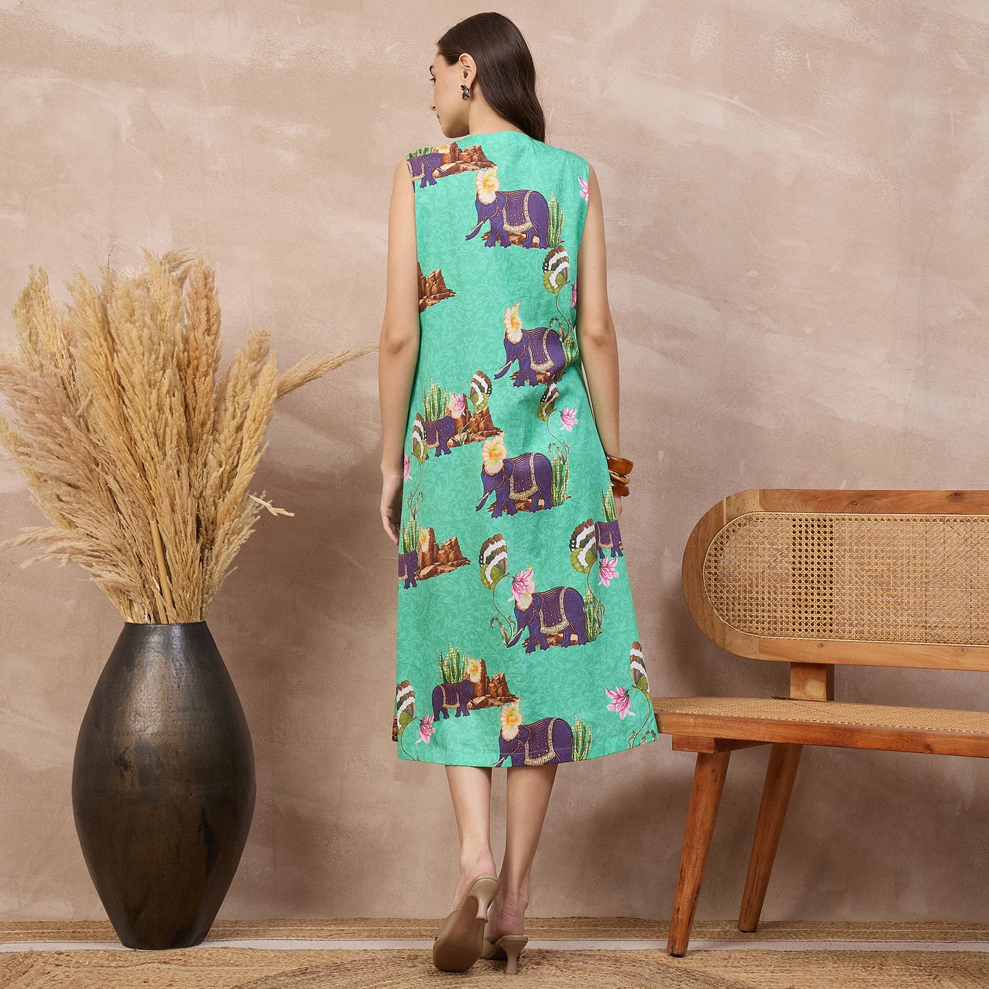 Sea Green Animal Print Dress for Women – Cotton Satin – Detail View | First Resort by Ramola Bachchan
