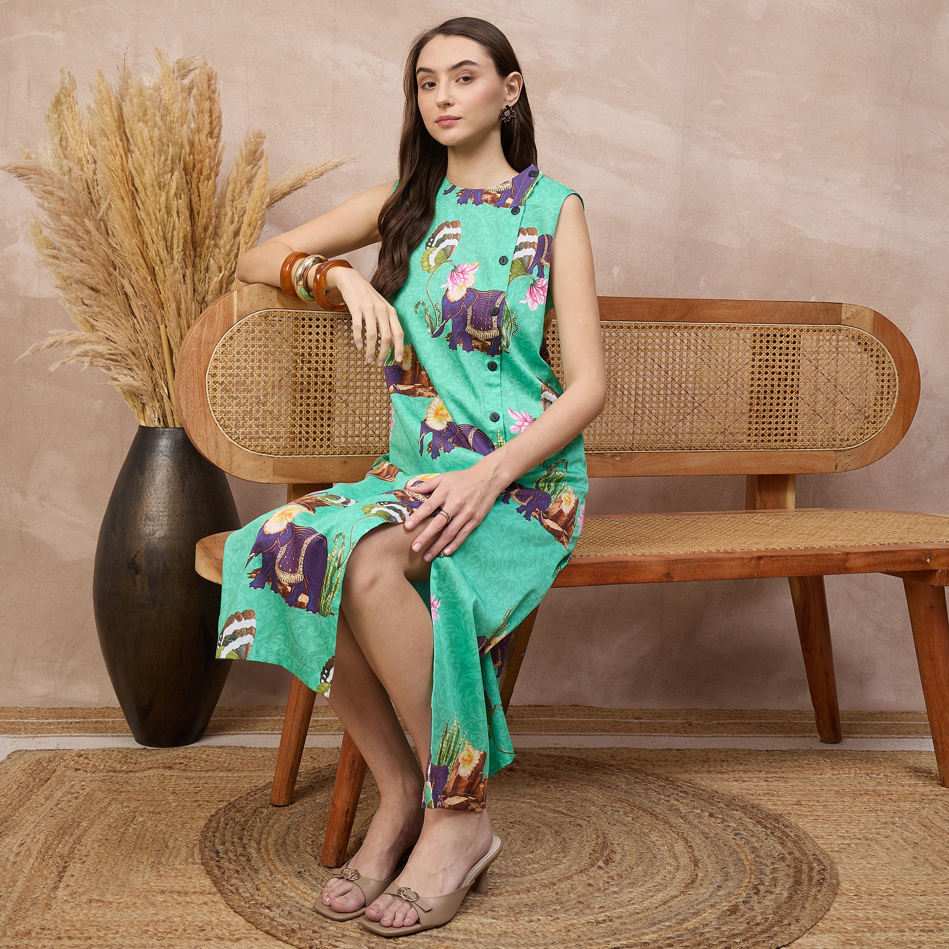 Sea Green Animal Print Dress for Women – Cotton Satin – Close Up | First Resort by Ramola Bachchan