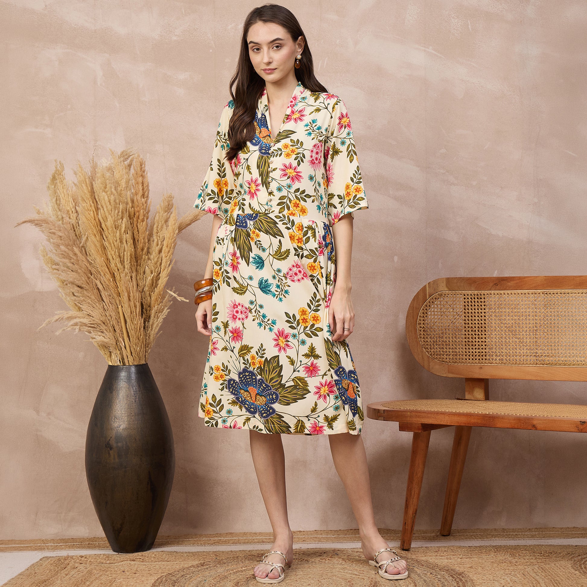 Cream Floral Print Dress for Women – Viscose Rayon | First Resort by Ramola Bachchan