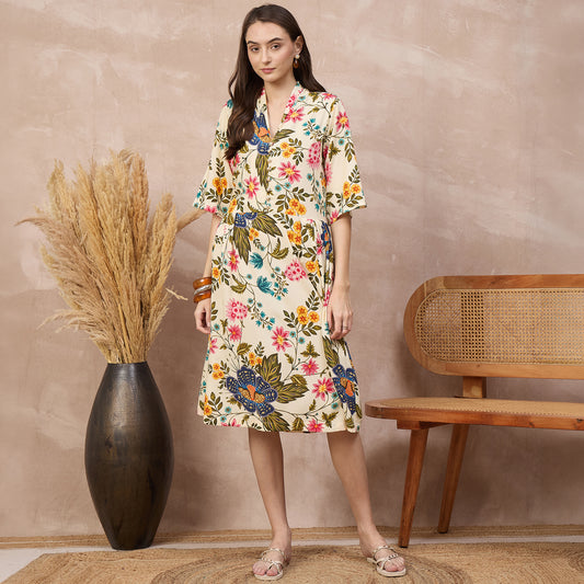 Cream Floral Print Dress for Women – Viscose Rayon | First Resort by Ramola Bachchan