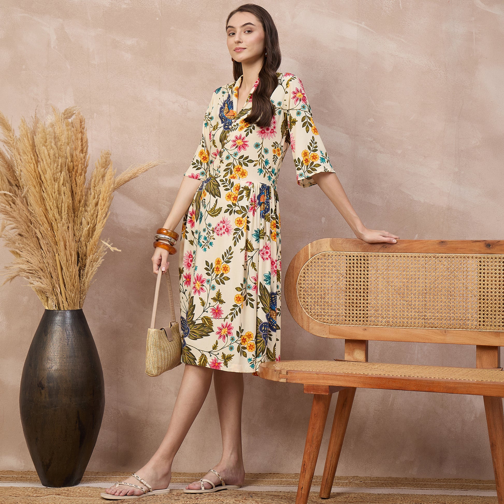 Cream Floral Print Dress for Women – Viscose Rayon – Front View | First Resort by Ramola Bachchan