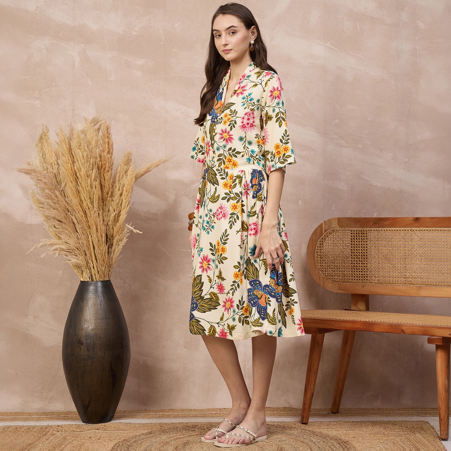 Cream Floral Print Dress for Women – Viscose Rayon – Model View | First Resort by Ramola Bachchan