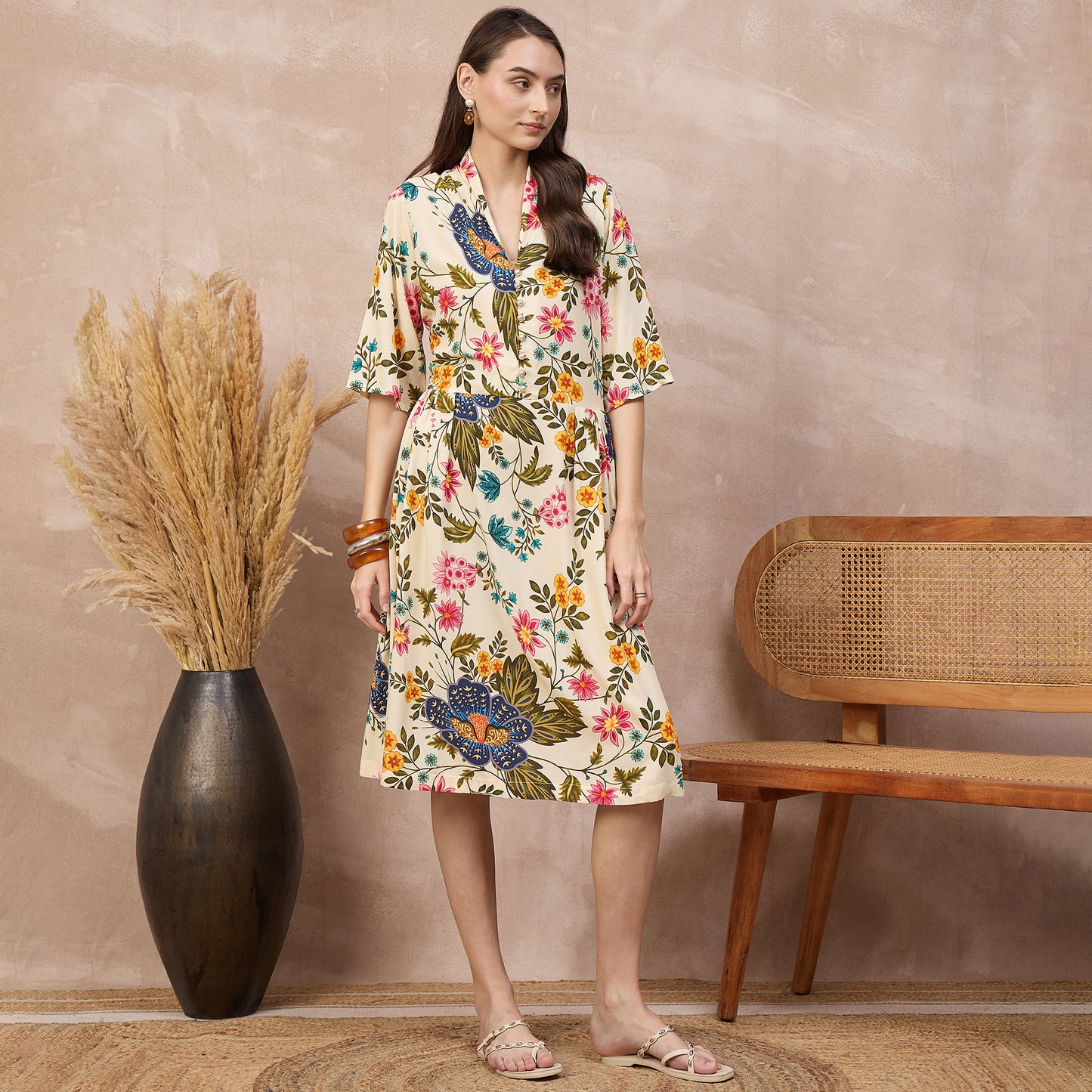 Cream Floral Print Dress for Women – Viscose Rayon – Side View | First Resort by Ramola Bachchan