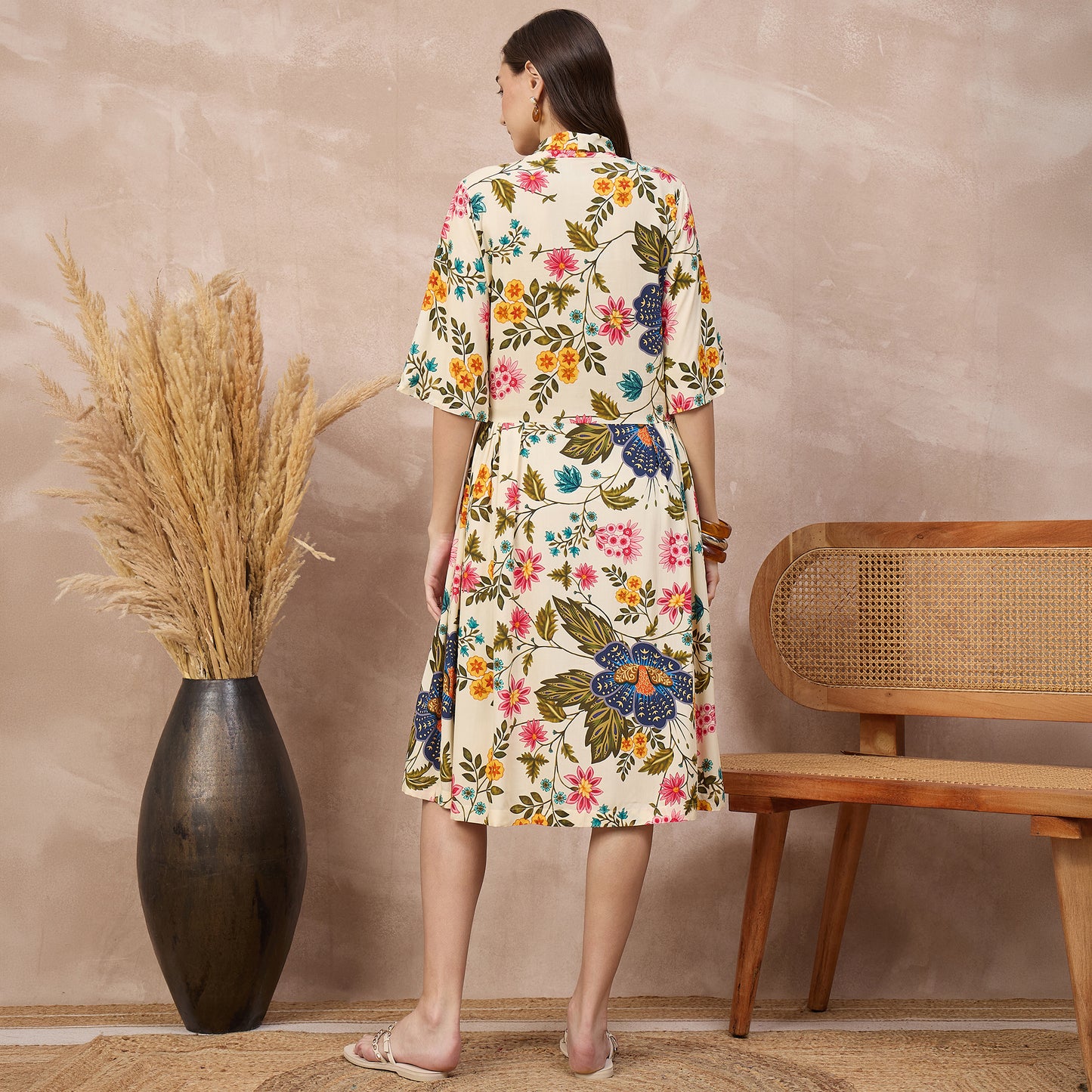Cream Floral Print Dress for Women – Viscose Rayon – Detail View | First Resort by Ramola Bachchan