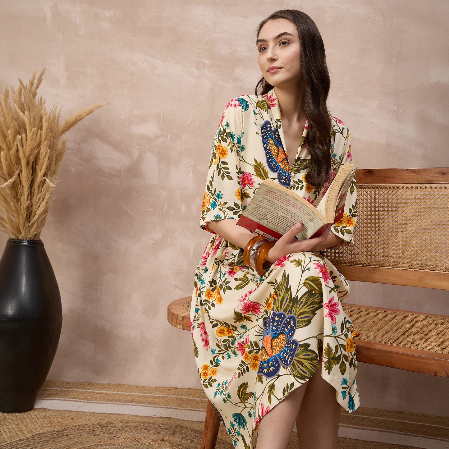 Cream Floral Print Dress for Women – Viscose Rayon – Back View | First Resort by Ramola Bachchan