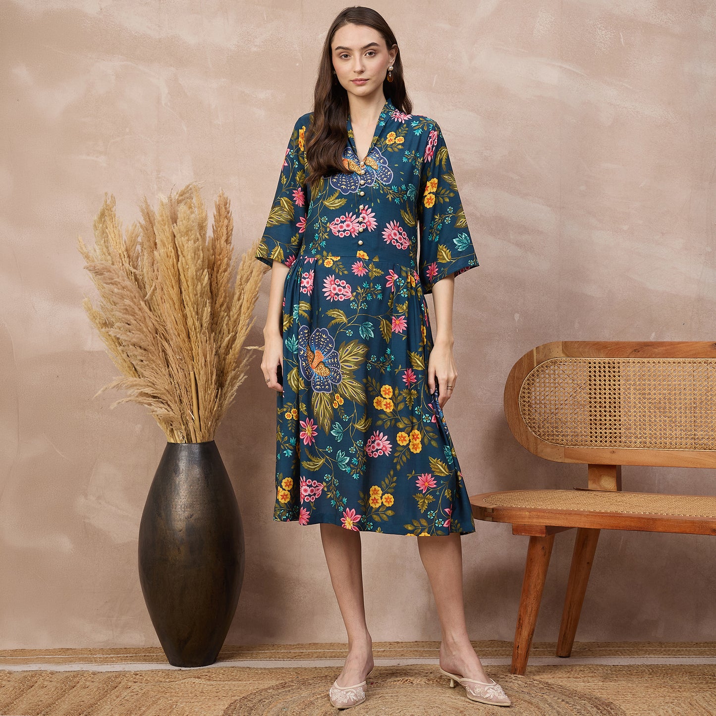 Navy Blue Floral Print Dress for Women – Viscose Rayon | First Resort by Ramola Bachchan
