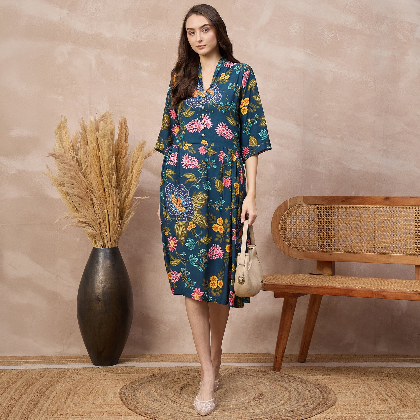 Navy Blue Floral Print Dress for Women – Viscose Rayon – Front View | First Resort by Ramola Bachchan