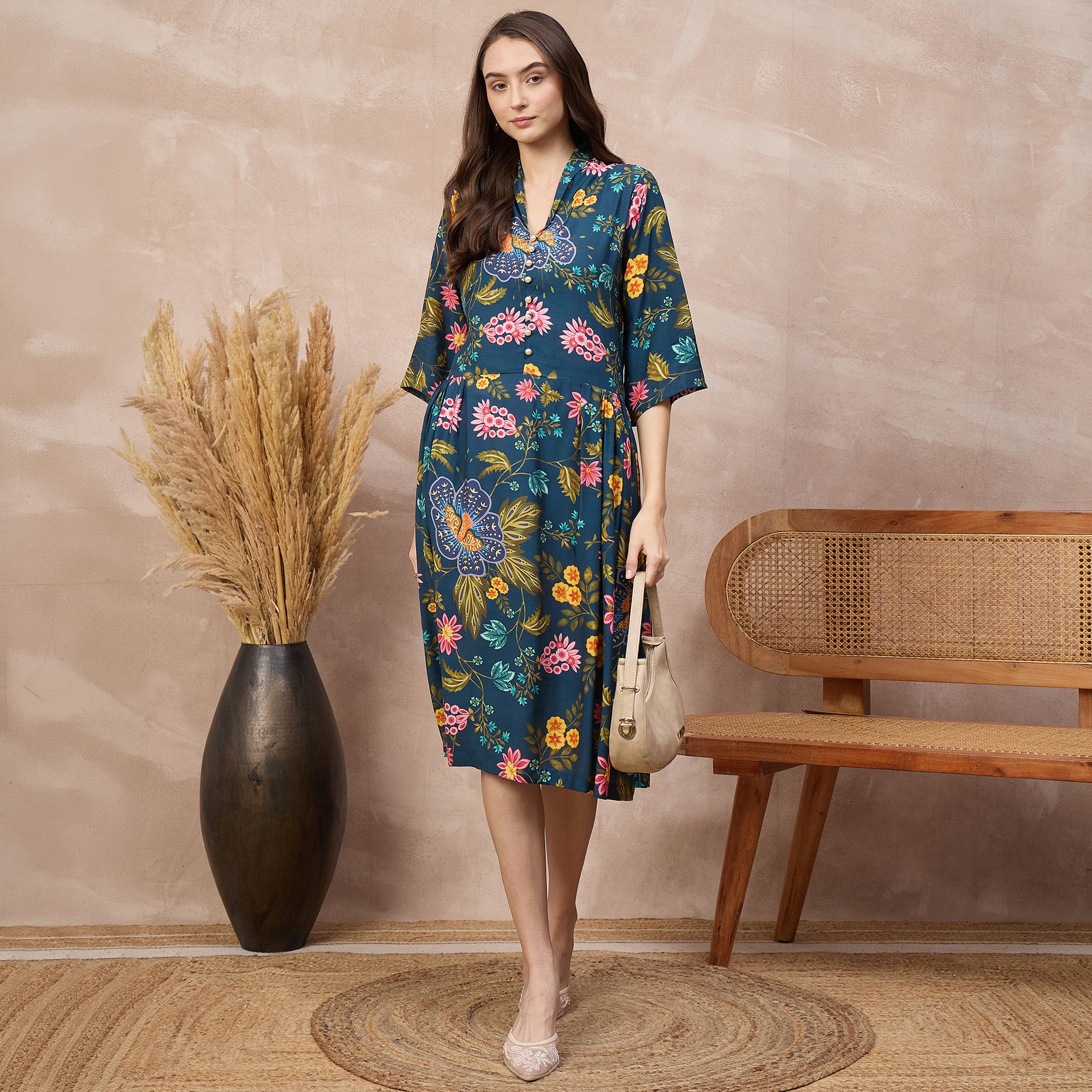 Navy Blue Floral Print Dress for Women – Viscose Rayon – Front View | First Resort by Ramola Bachchan