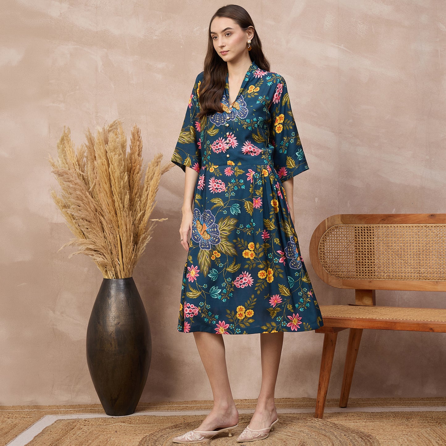 Navy Blue Floral Print Dress for Women – Viscose Rayon – Model View | First Resort by Ramola Bachchan