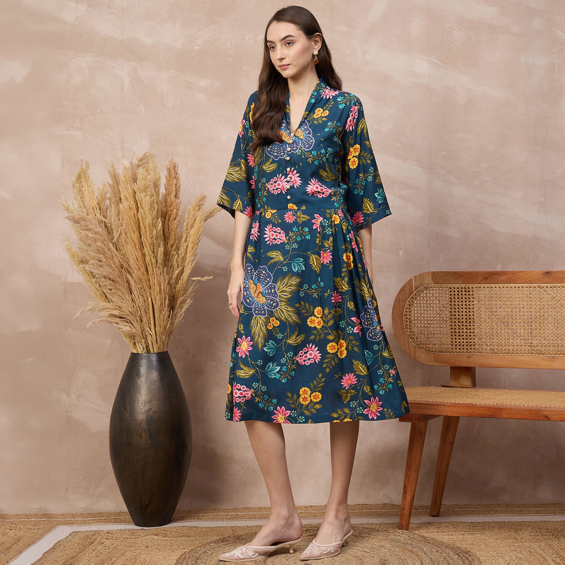 Navy Blue Floral Print Dress for Women – Viscose Rayon – Model View | First Resort by Ramola Bachchan