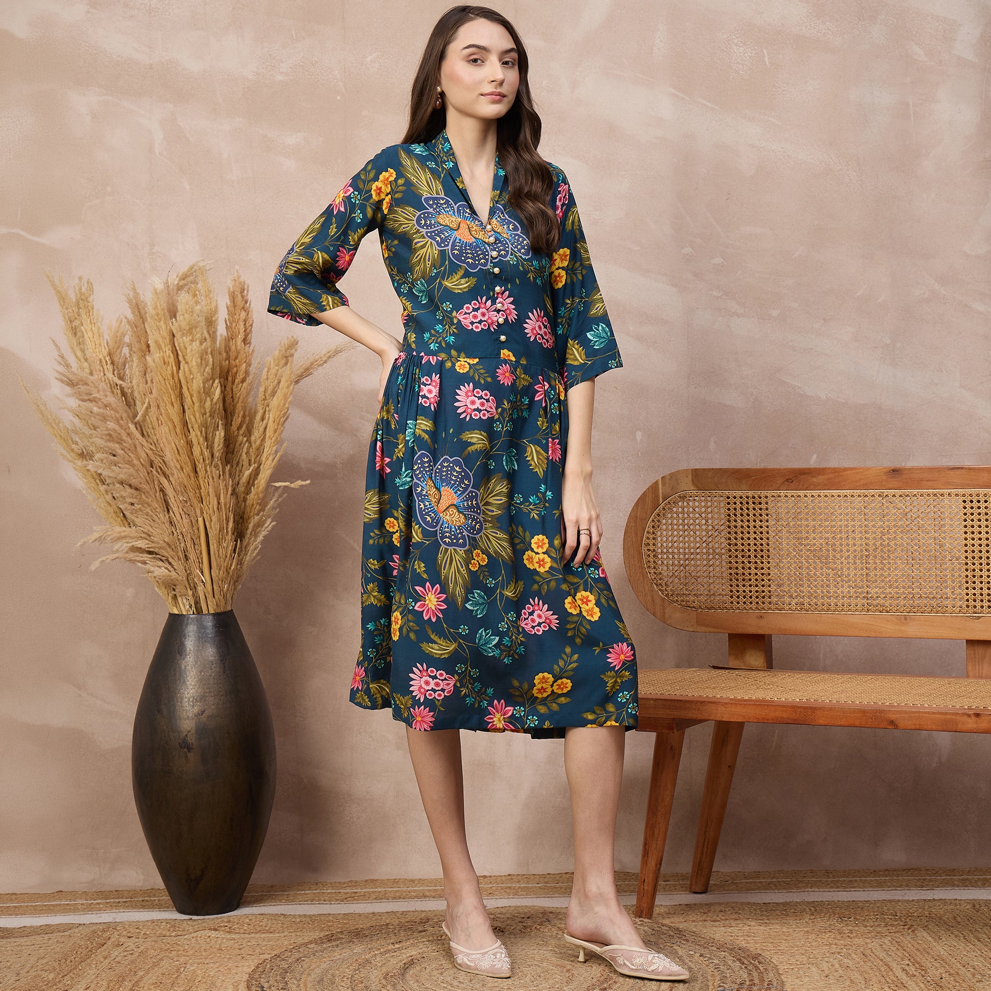 Navy Blue Floral Print Dress for Women – Viscose Rayon – Side View | First Resort by Ramola Bachchan