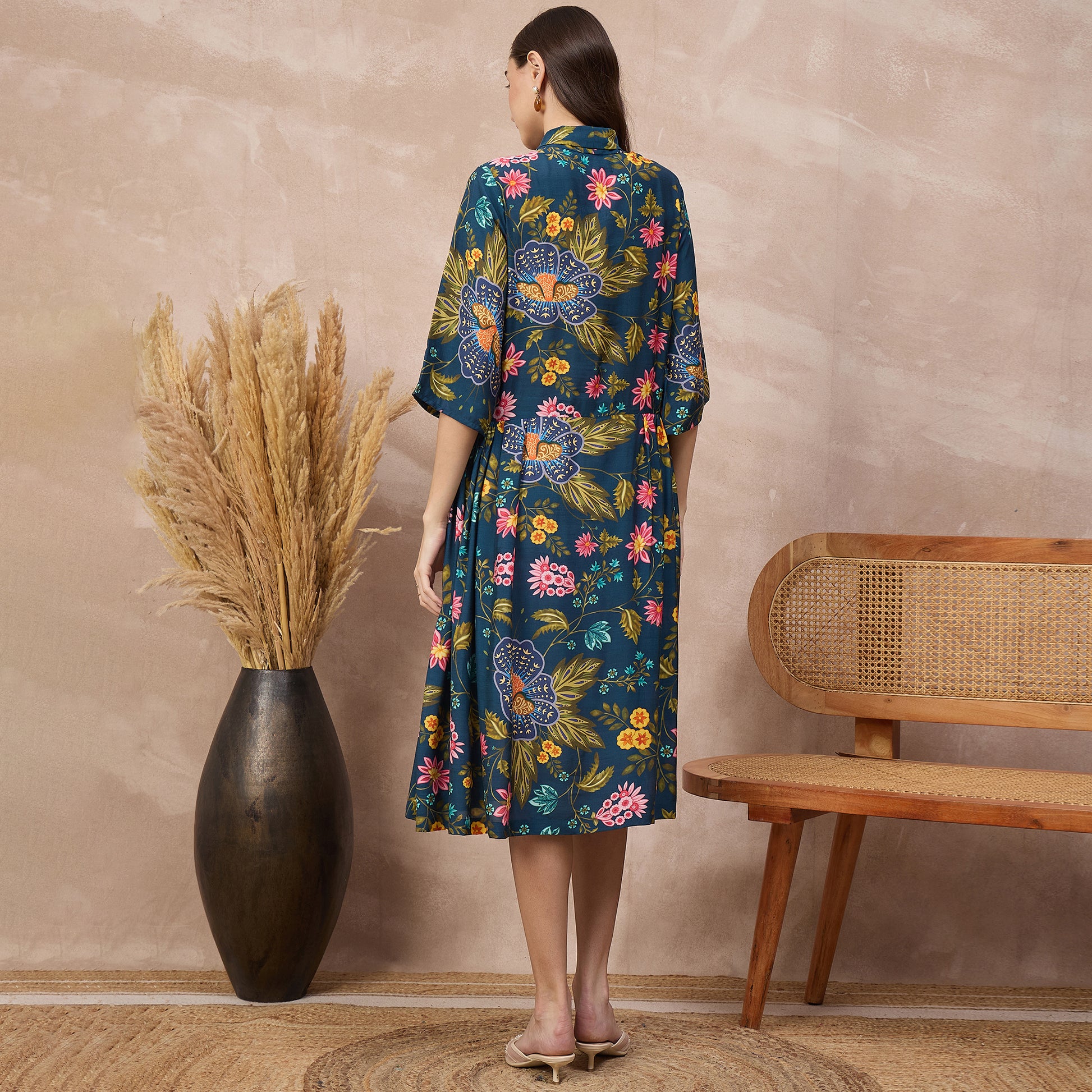 Navy Blue Floral Print Dress for Women – Viscose Rayon – Detail View | First Resort by Ramola Bachchan
