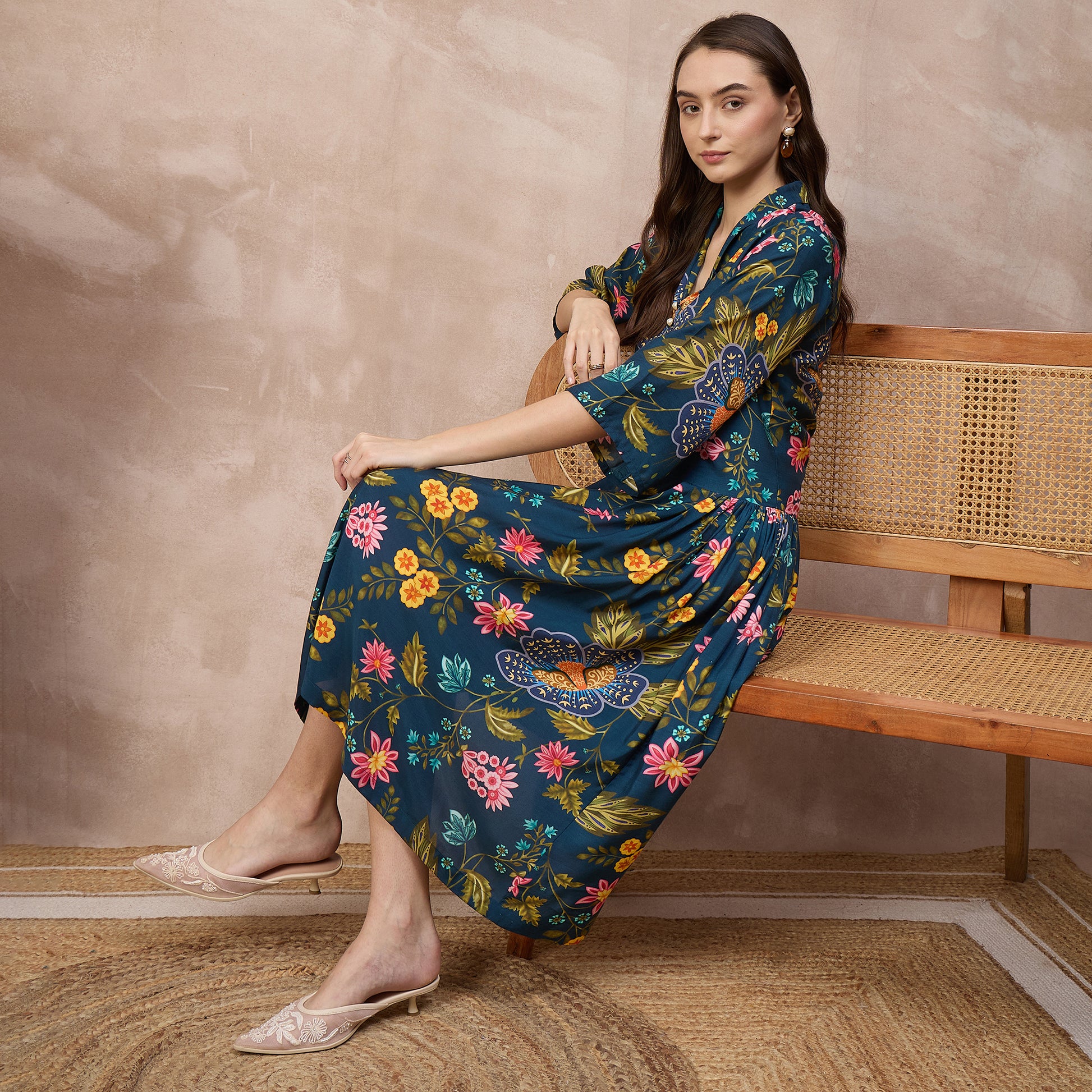 Navy Blue Floral Print Dress for Women – Viscose Rayon – Close Up | First Resort by Ramola Bachchan