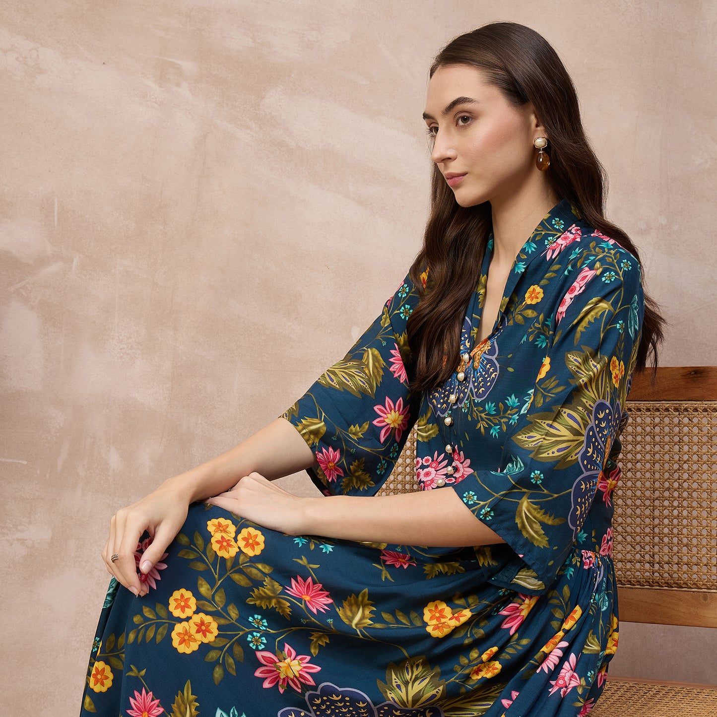 Navy Blue Floral Print Dress for Women – Viscose Rayon | First Resort by Ramola Bachchan