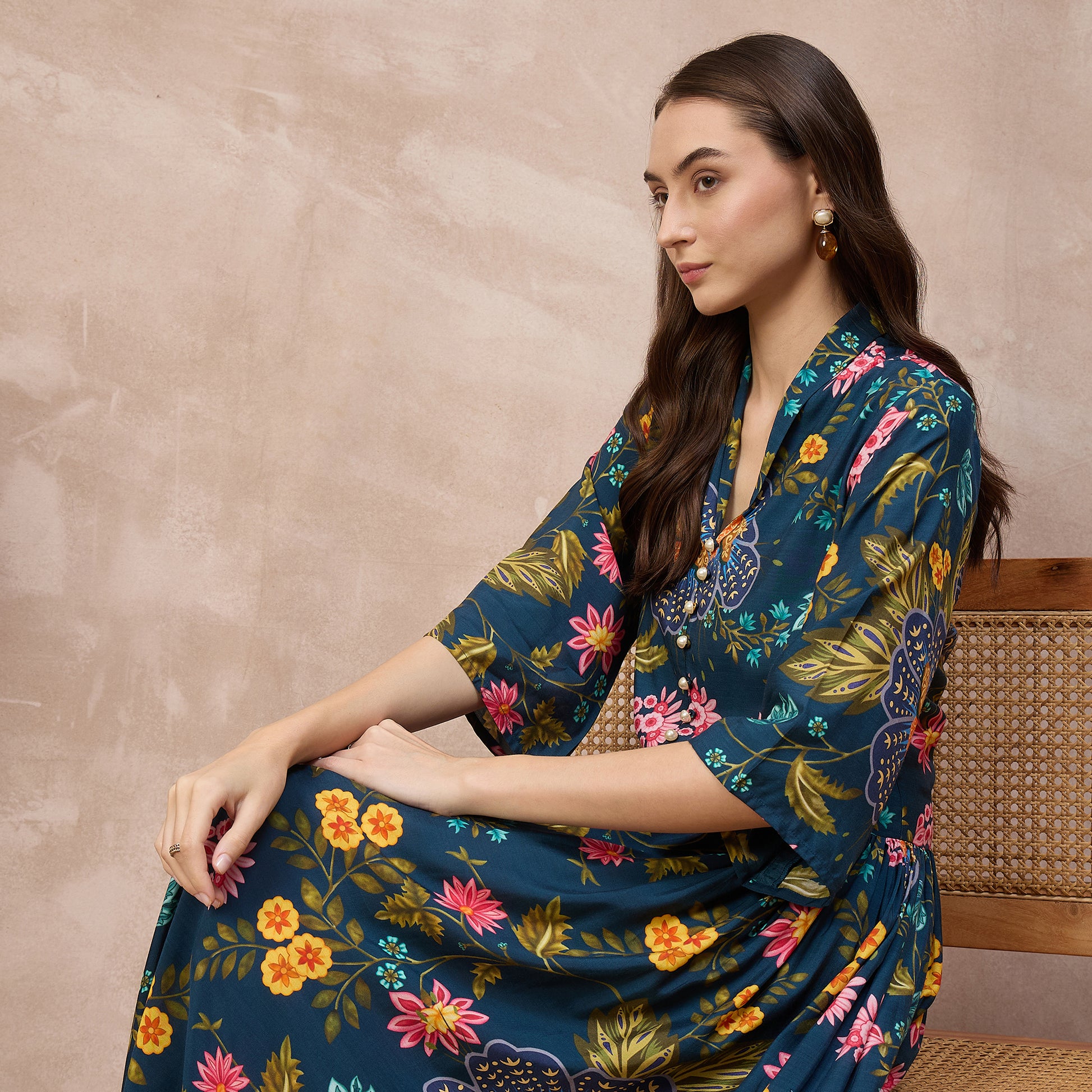 Navy Blue Floral Print Dress for Women – Viscose Rayon | First Resort by Ramola Bachchan