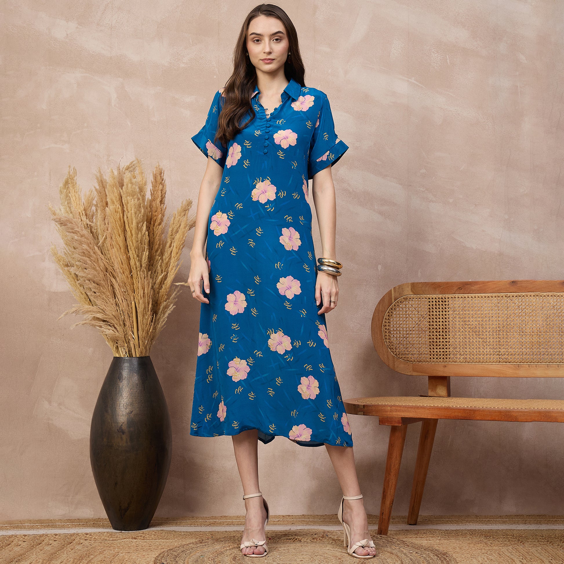 Navy Blue Floral Print Dress for Women – Viscose Crepe | First Resort by Ramola Bachchan