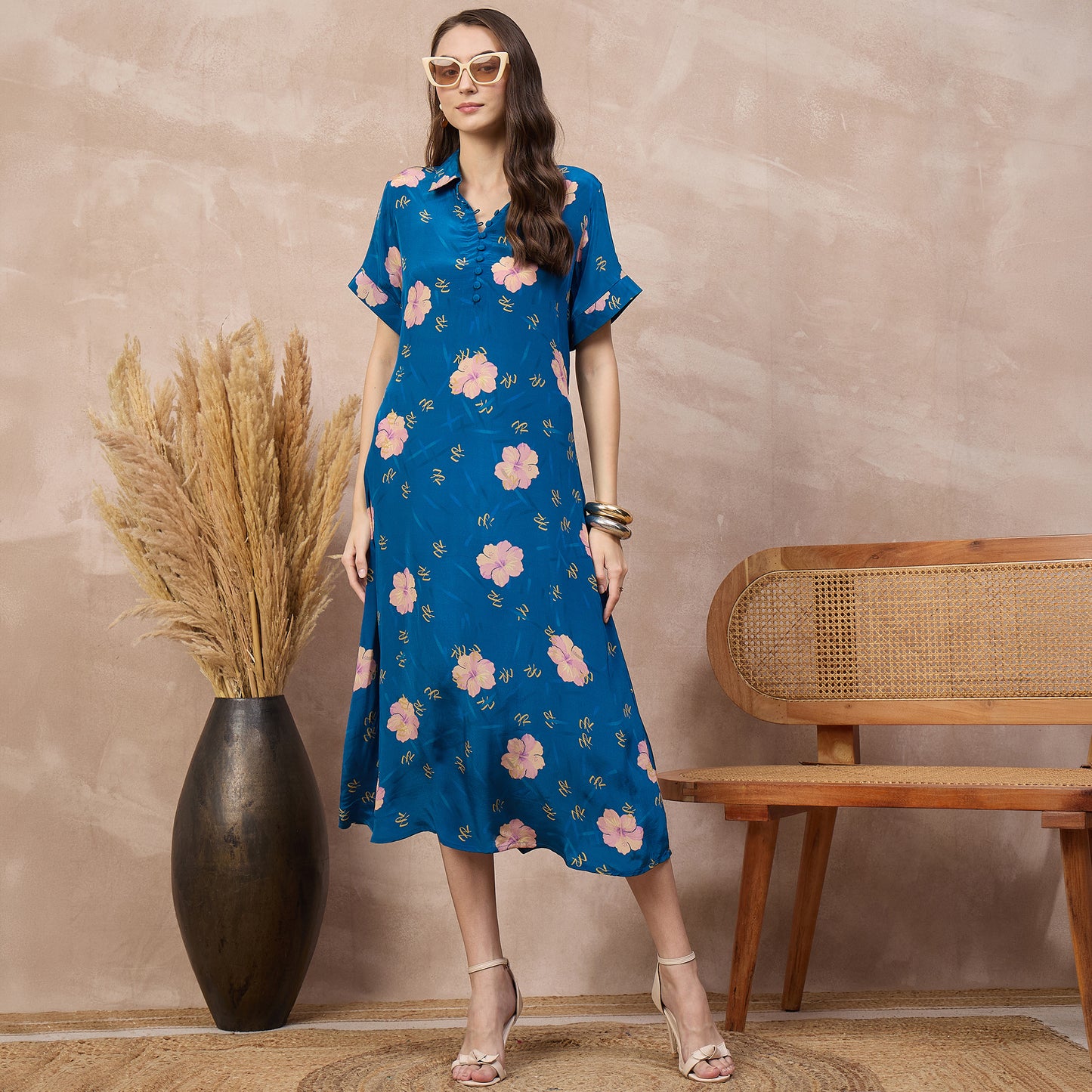 Navy Blue Floral Print Dress for Women – Viscose Crepe – Front View | First Resort by Ramola Bachchan