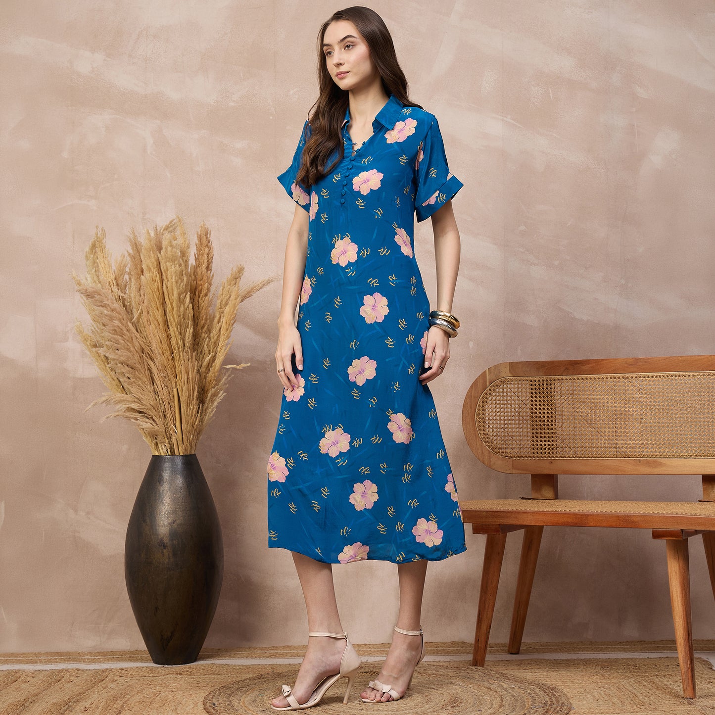 Navy Blue Floral Print Dress for Women – Viscose Crepe – Model View | First Resort by Ramola Bachchan