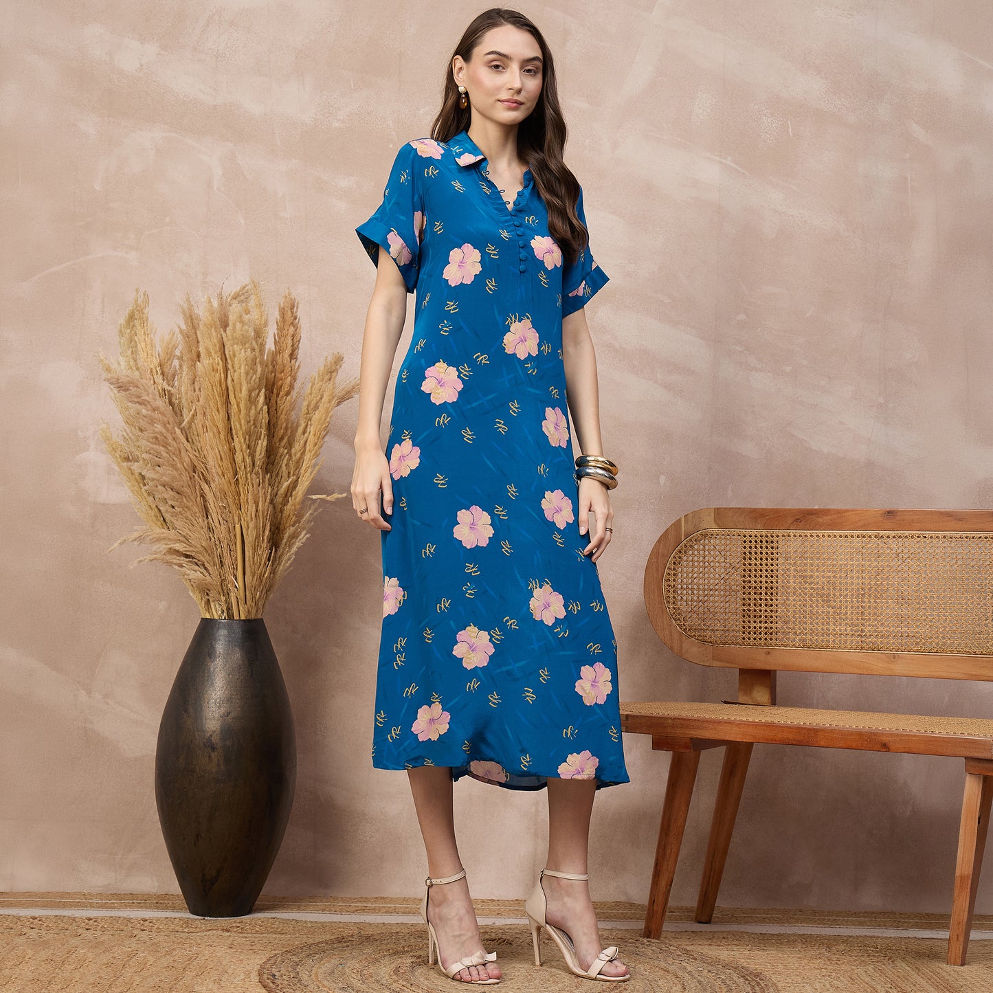 Navy Blue Floral Print Dress for Women – Viscose Crepe – Side View | First Resort by Ramola Bachchan