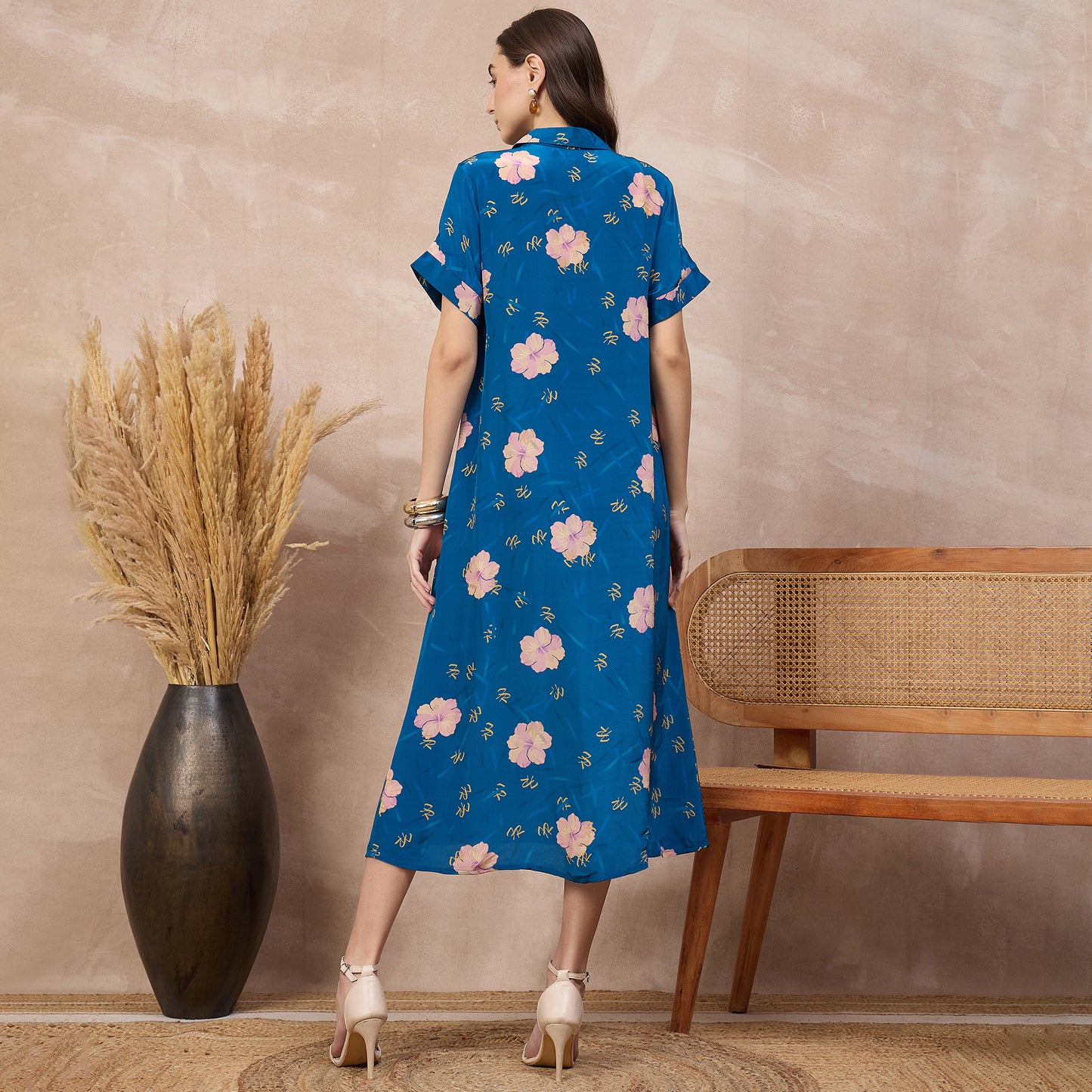 Navy Blue Floral Print Dress for Women – Viscose Crepe – Detail View | First Resort by Ramola Bachchan