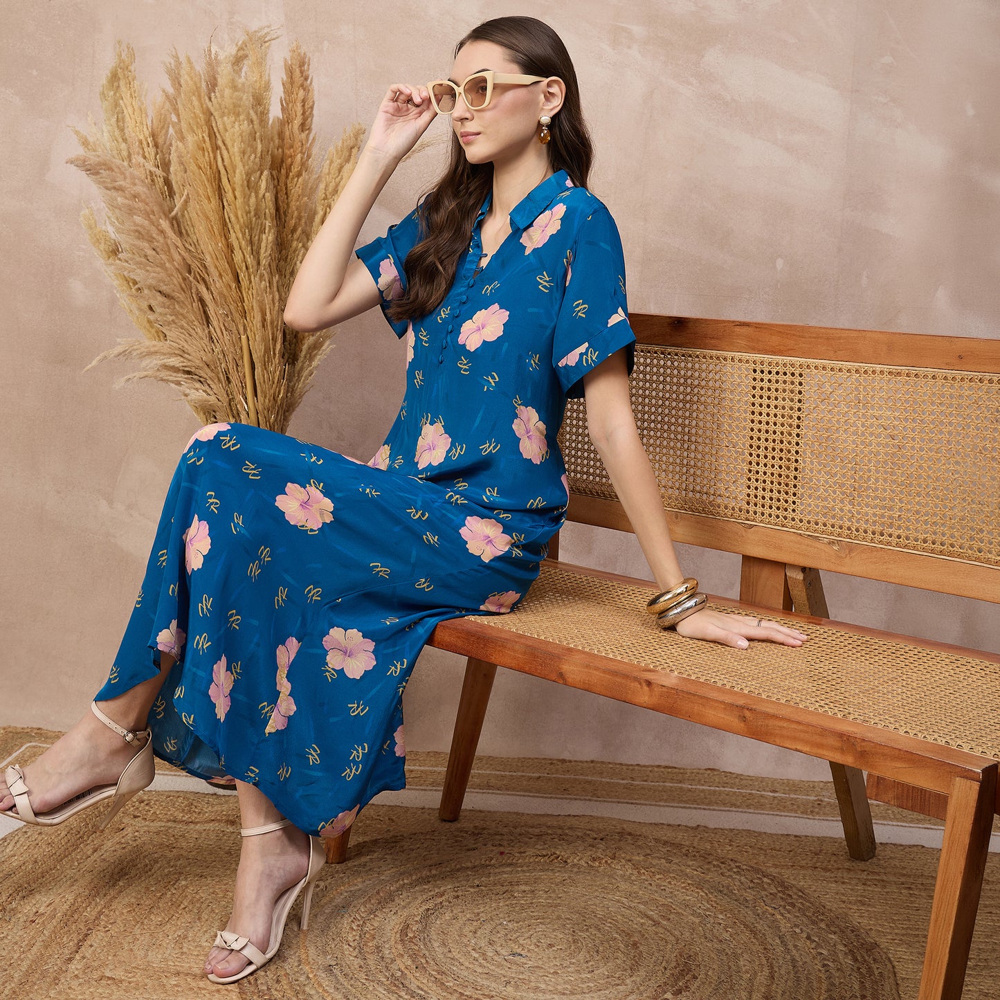 Navy Blue Floral Print Dress for Women – Viscose Crepe – Back View | First Resort by Ramola Bachchan