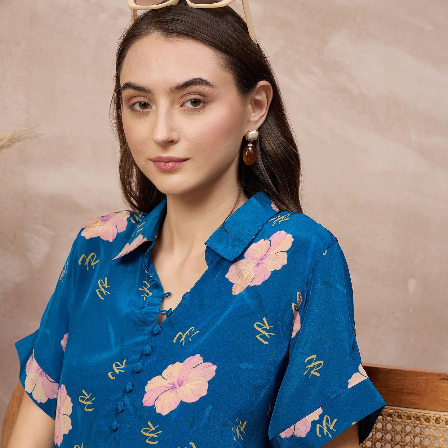 Navy Blue Floral Print Dress for Women – Viscose Crepe – Close Up | First Resort by Ramola Bachchan