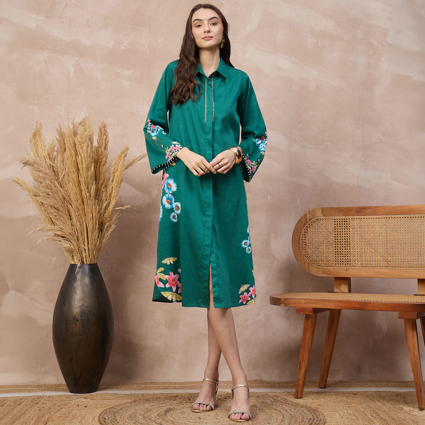 Green Floral Print Dress for Women – Cotton Satin | First Resort by Ramola Bachchan