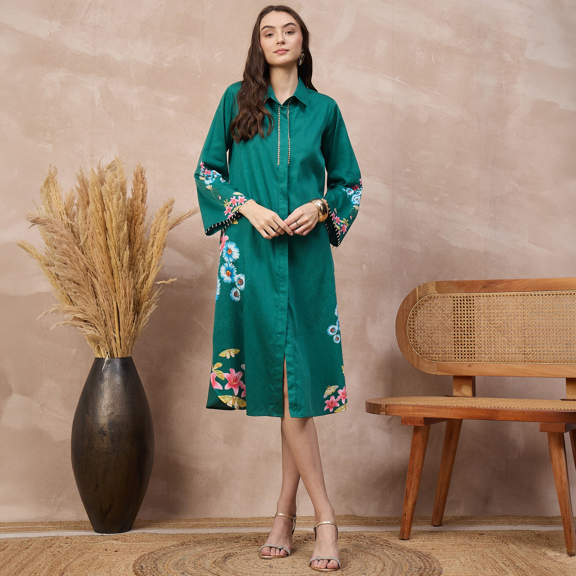 Green Floral Print Dress for Women – Cotton Satin | First Resort by Ramola Bachchan