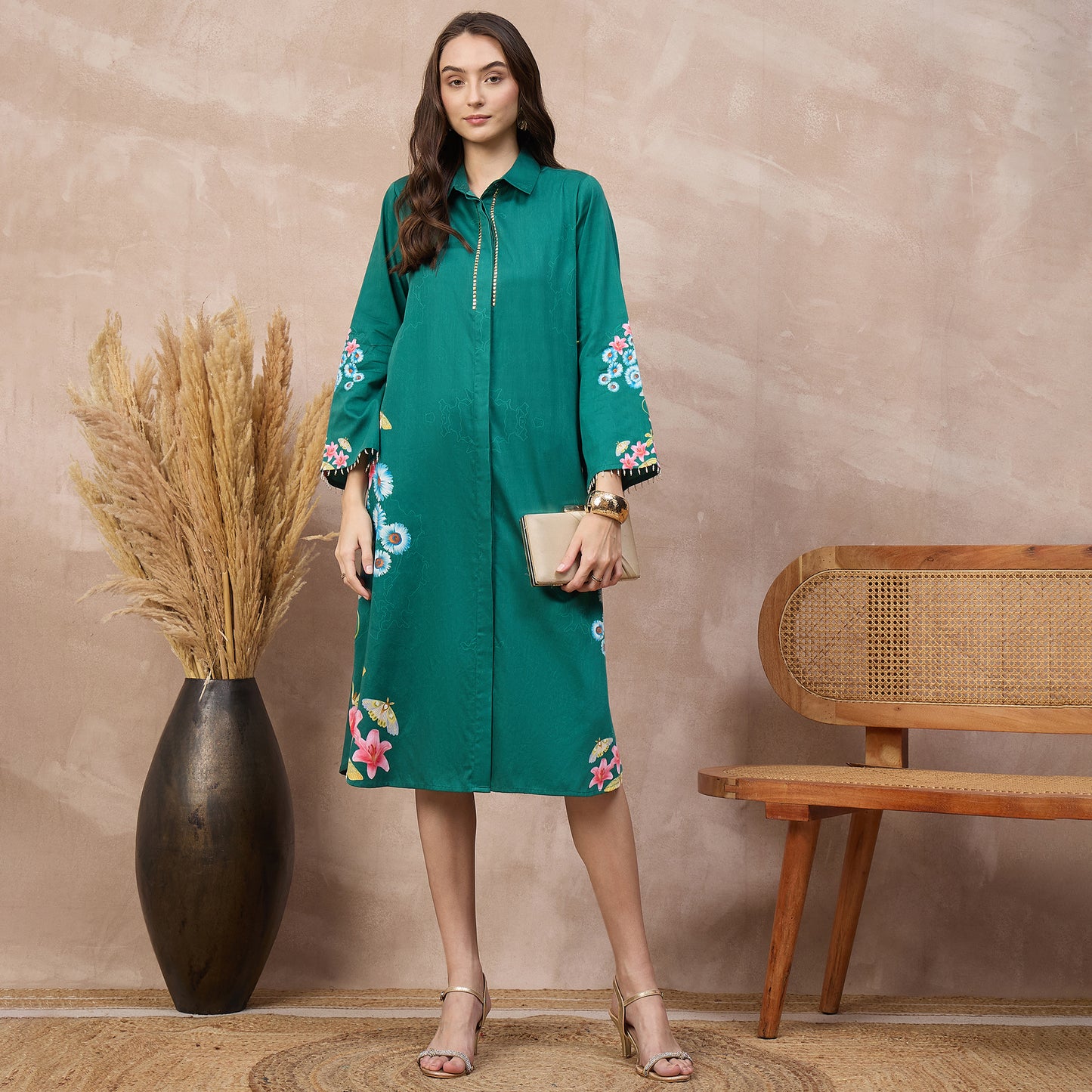 Green Floral Print Dress for Women – Cotton Satin – Front View | First Resort by Ramola Bachchan