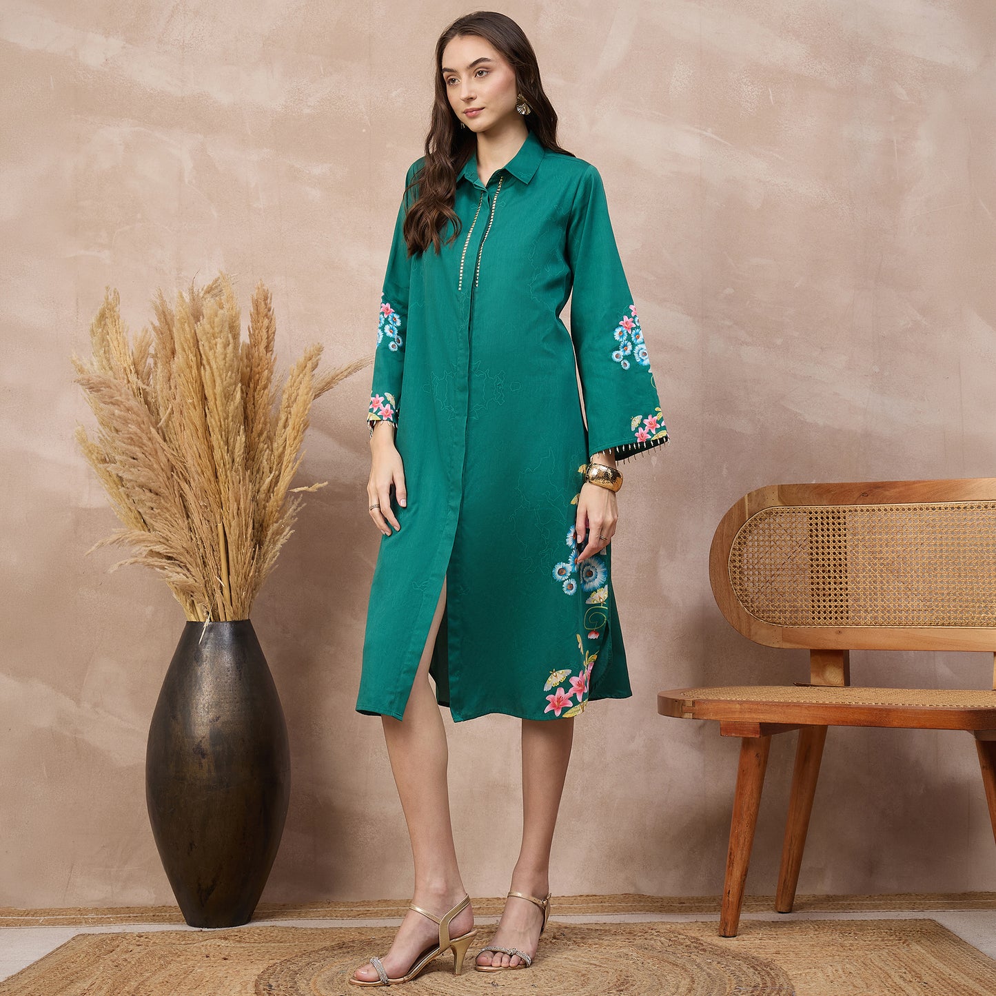 Green Floral Print Dress for Women – Cotton Satin – Model View | First Resort by Ramola Bachchan