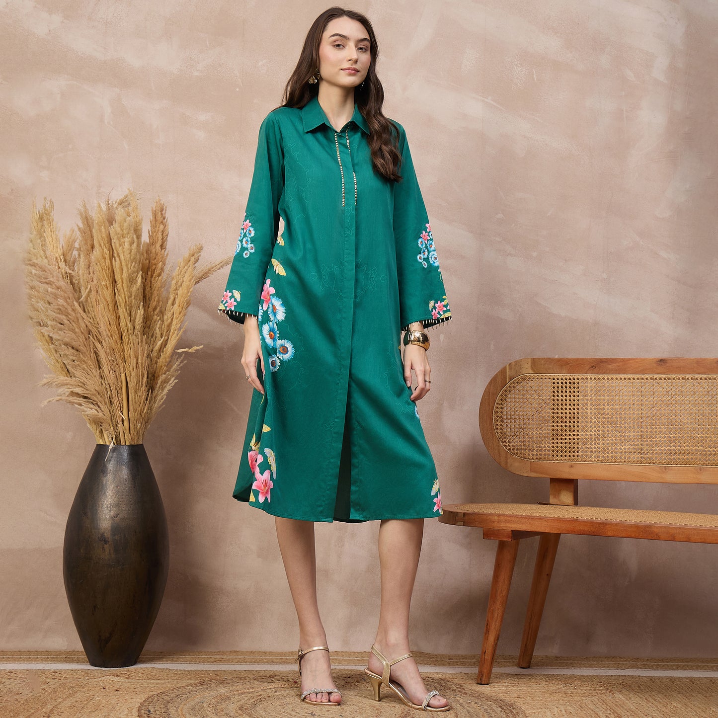 Green Floral Print Dress for Women – Cotton Satin – Side View | First Resort by Ramola Bachchan