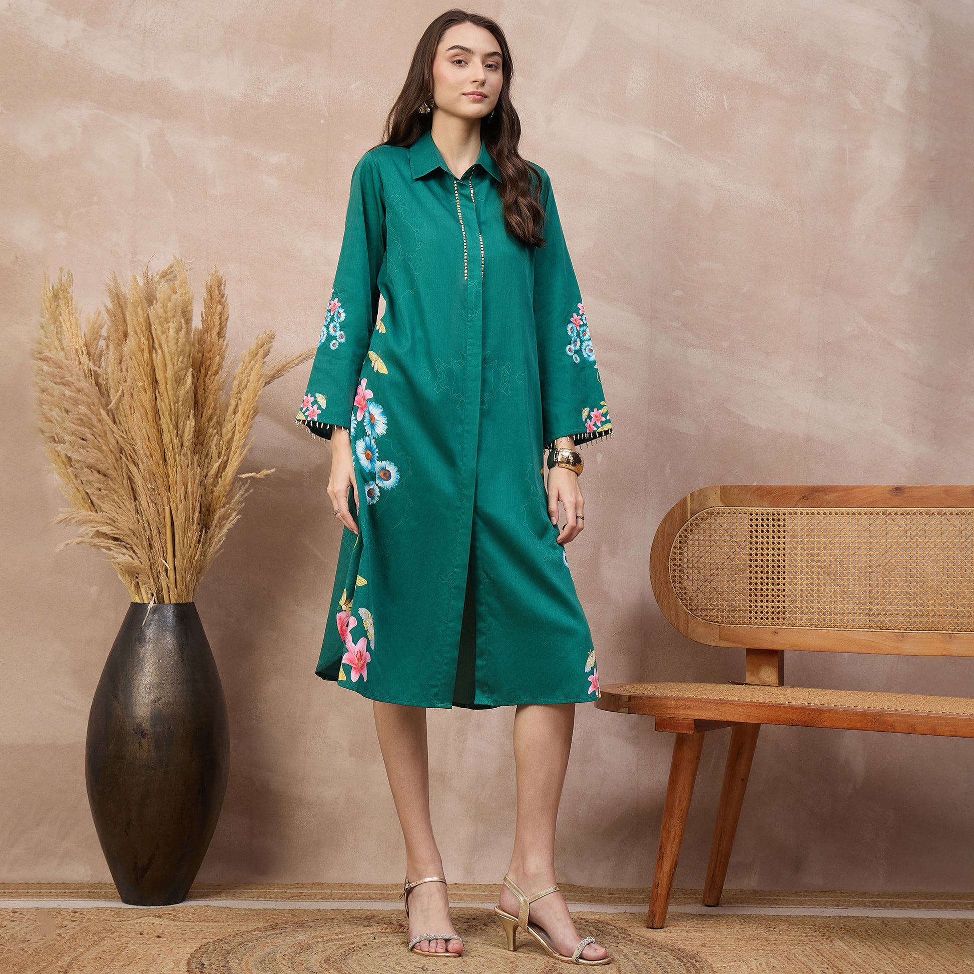 Green Floral Print Dress for Women – Cotton Satin – Side View | First Resort by Ramola Bachchan