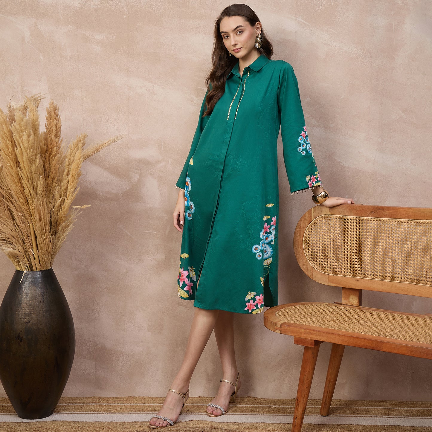 Green Floral Print Dress for Women – Cotton Satin – Close Up | First Resort by Ramola Bachchan