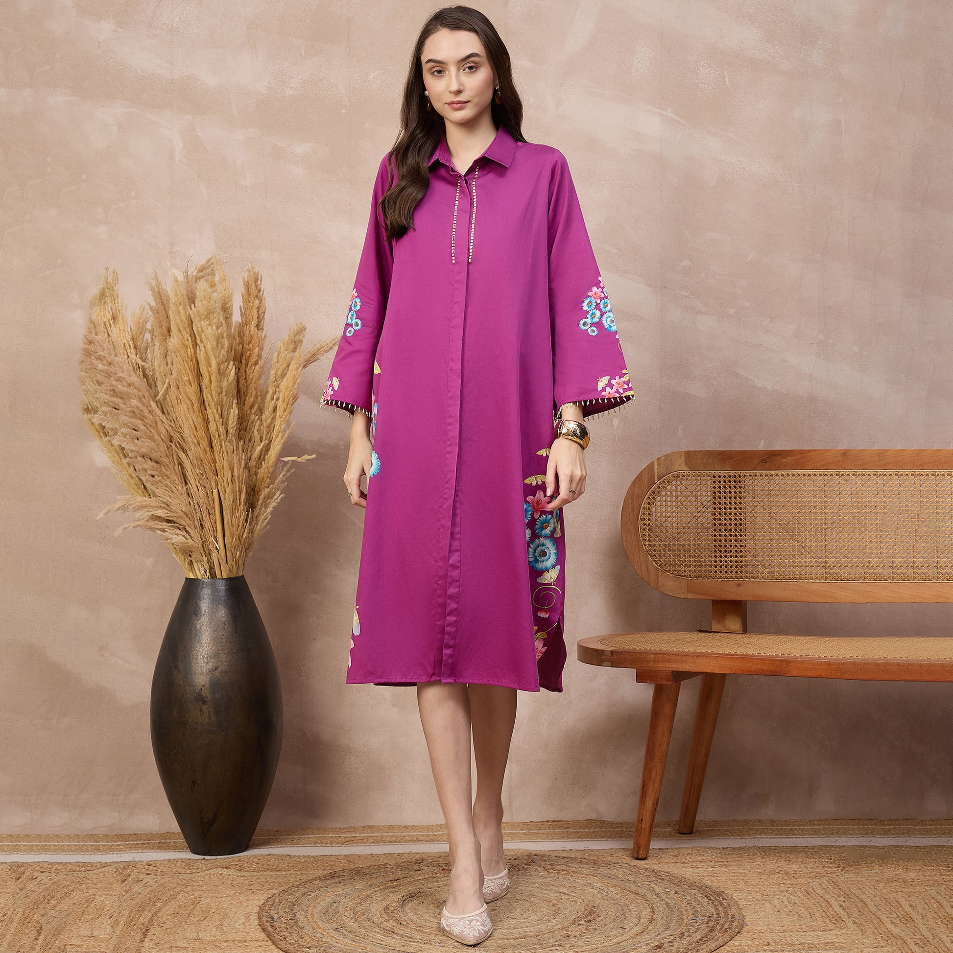 Magenta Floral Print Dress for Women – Cotton Satin | First Resort by Ramola Bachchan