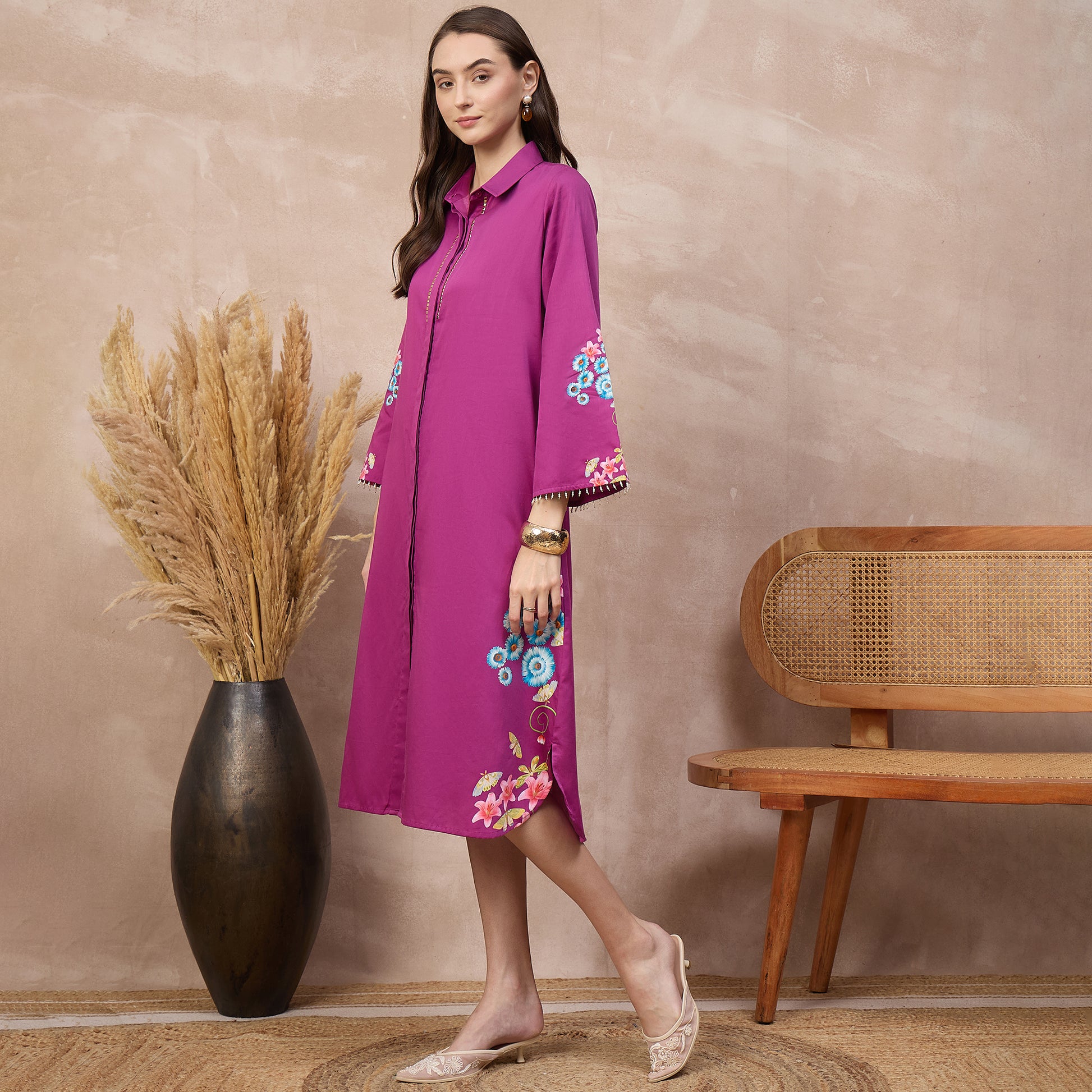 Magenta Floral Print Dress for Women – Cotton Satin – Model View | First Resort by Ramola Bachchan