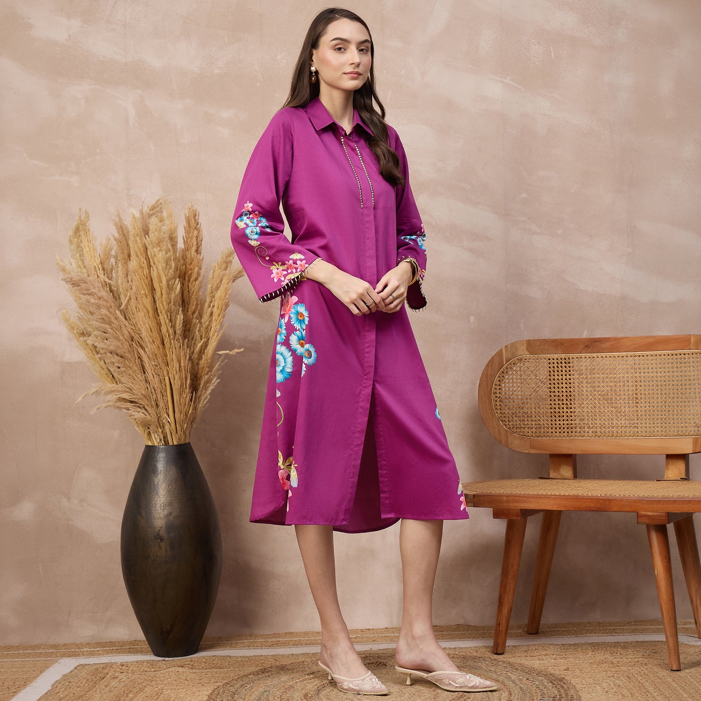 Magenta Floral Print Dress for Women – Cotton Satin – Side View | First Resort by Ramola Bachchan