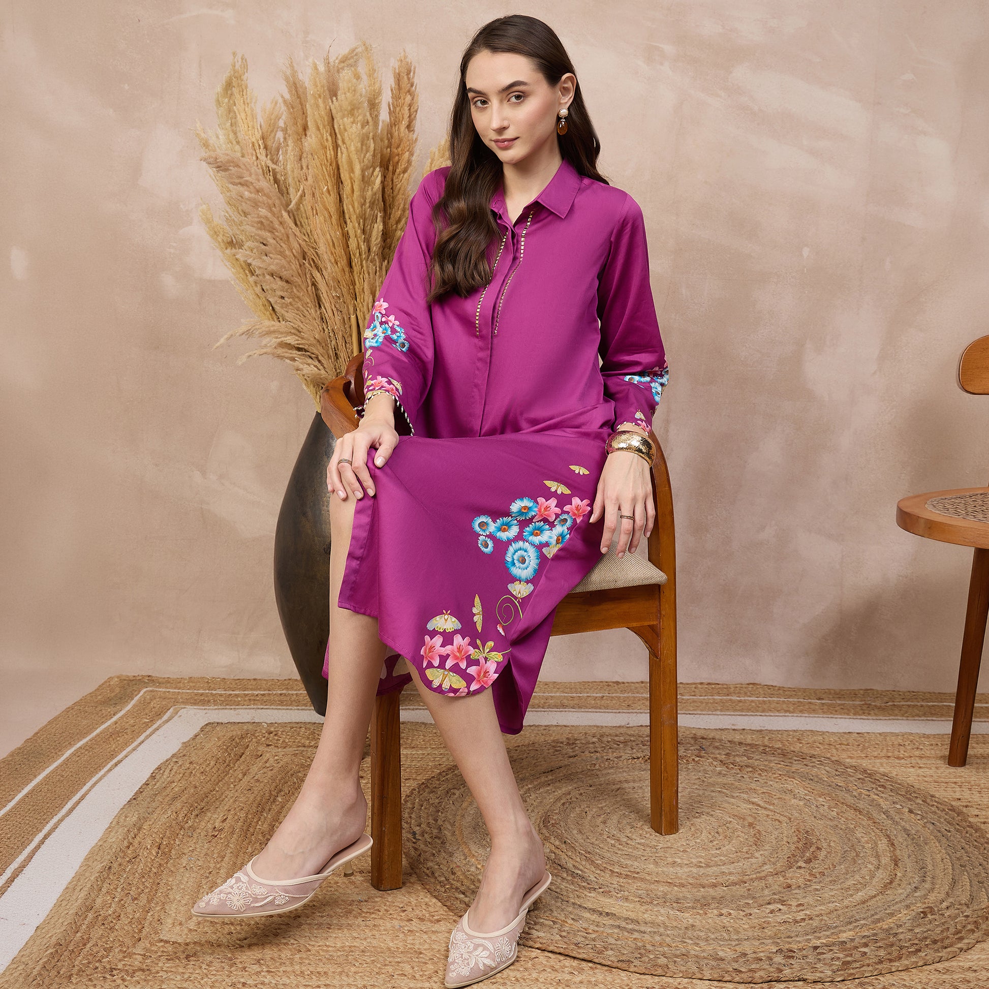 Magenta Floral Print Dress for Women – Cotton Satin – Back View | First Resort by Ramola Bachchan