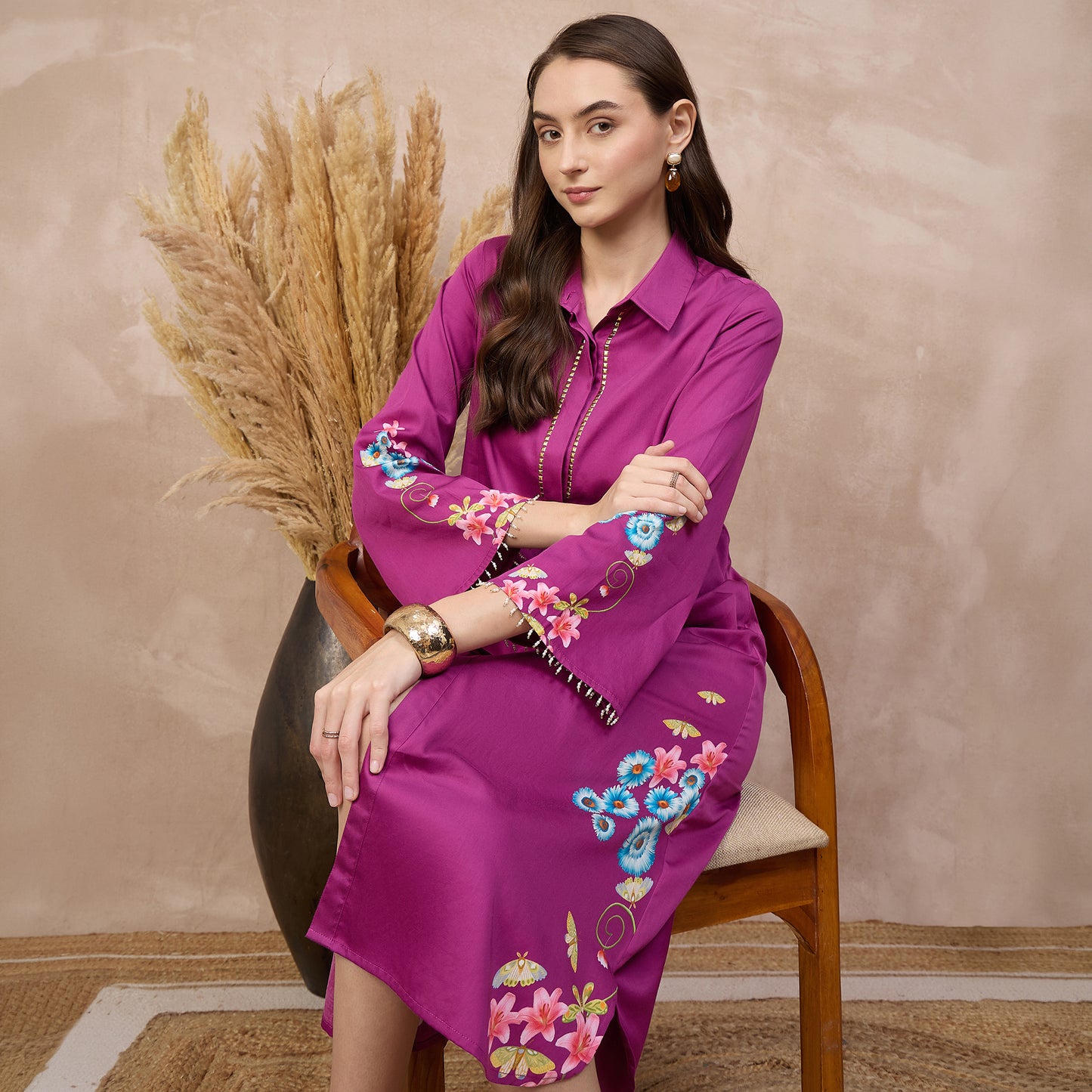 Magenta Floral Print Dress for Women – Cotton Satin – Close Up | First Resort by Ramola Bachchan