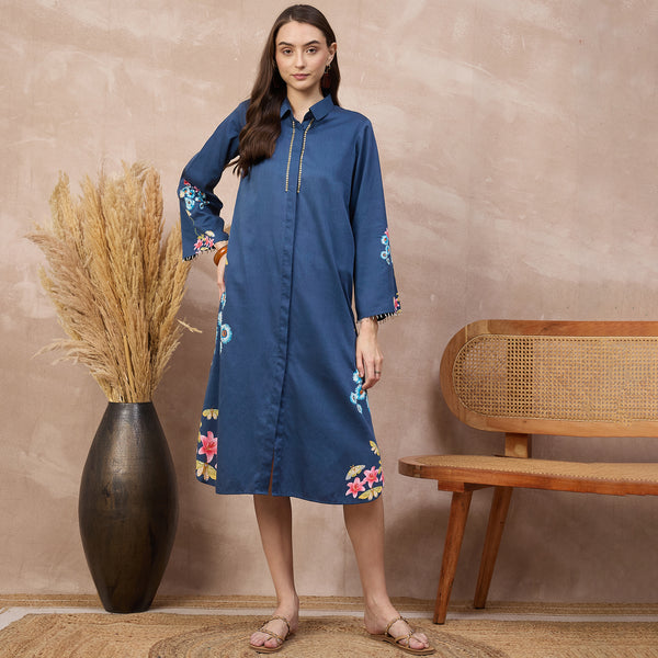 Navy Blue Floral Print Dress for Women – Cotton Satin | First Resort by Ramola Bachchan