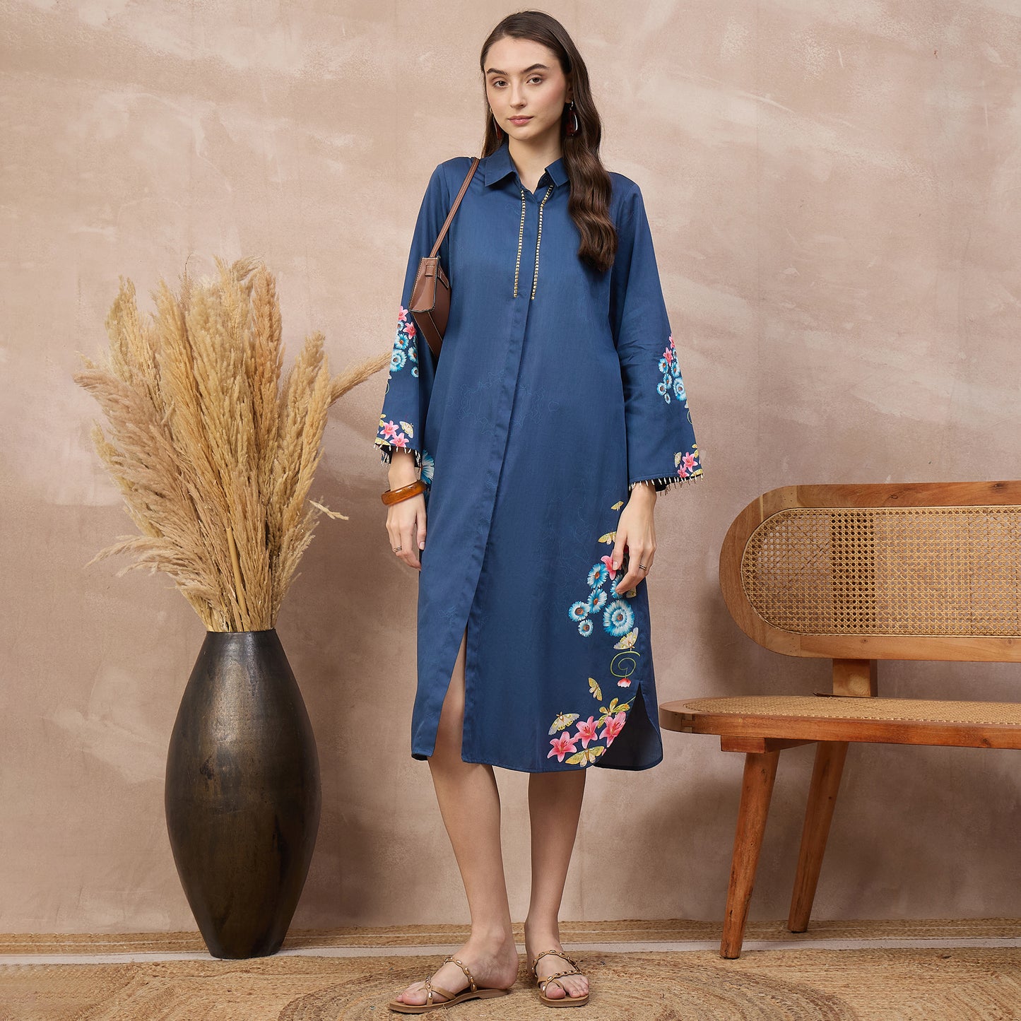 Navy Blue Floral Print Dress for Women – Cotton Satin – Front View | First Resort by Ramola Bachchan