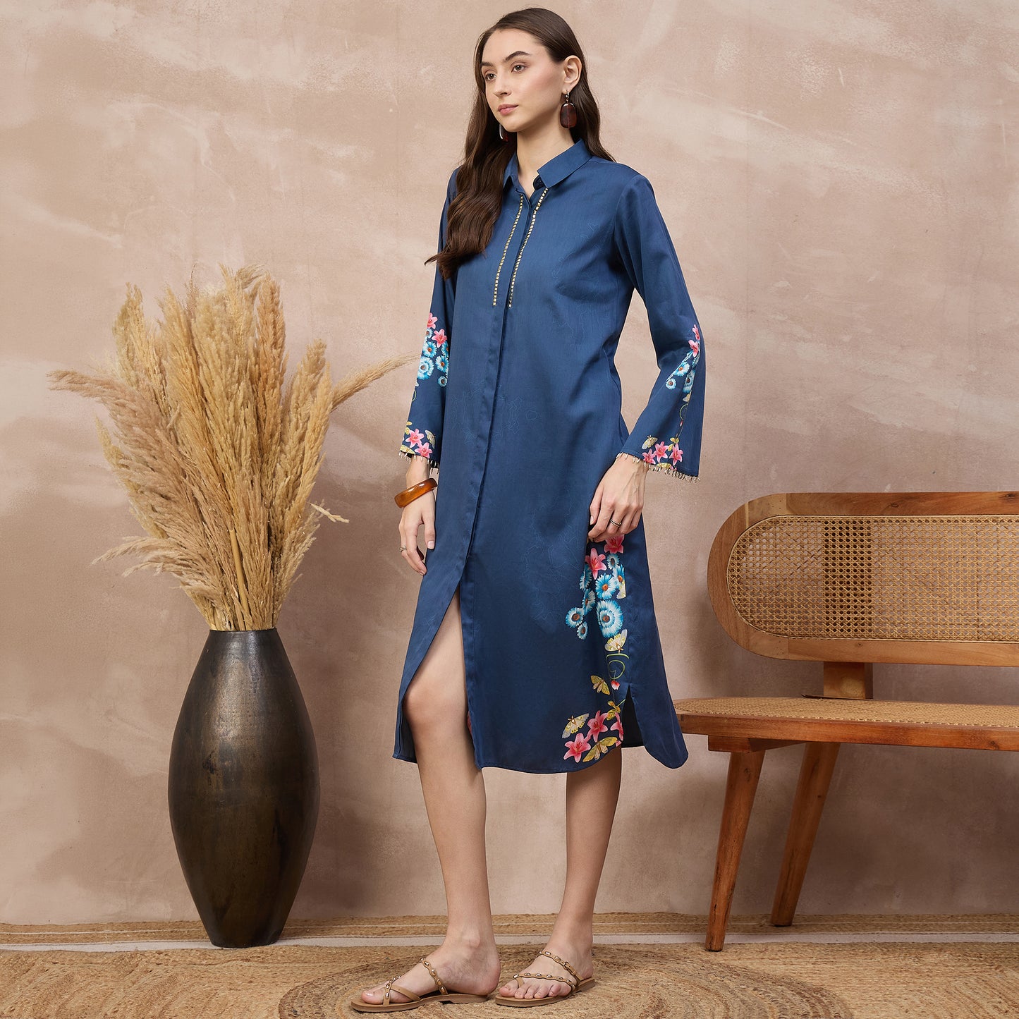 Navy Blue Floral Print Dress for Women – Cotton Satin – Model View | First Resort by Ramola Bachchan