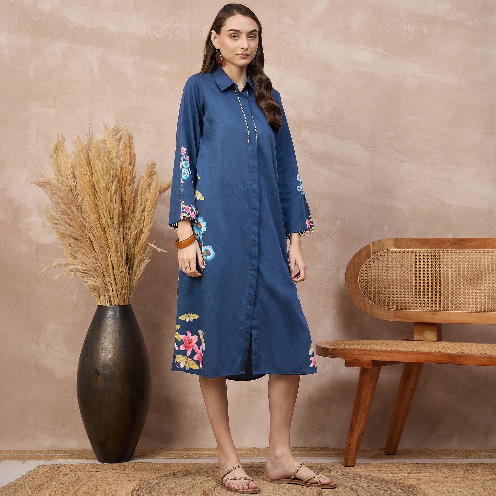 Navy Blue Floral Print Dress for Women – Cotton Satin – Side View | First Resort by Ramola Bachchan