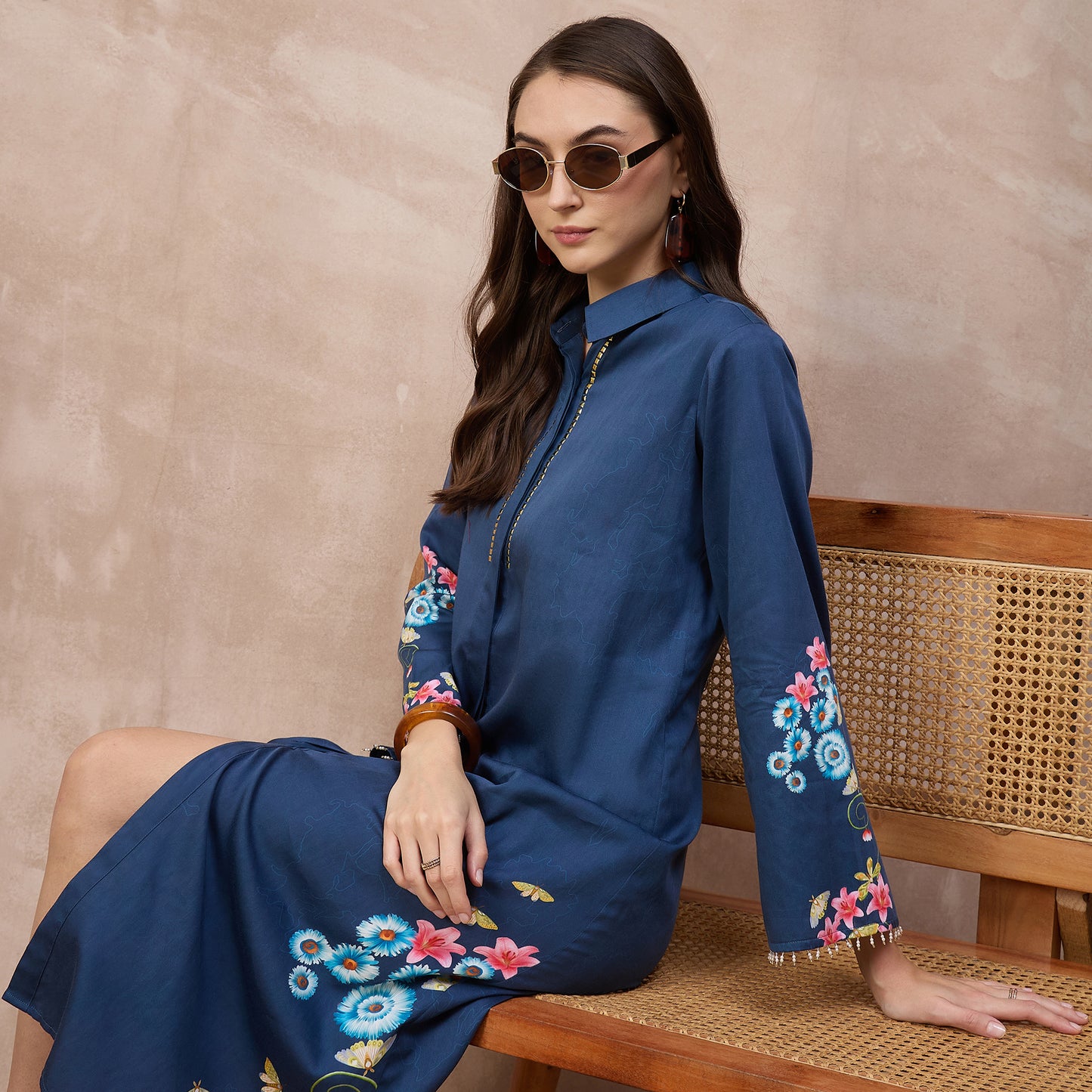 Navy Blue Floral Print Dress for Women – Cotton Satin – Close Up | First Resort by Ramola Bachchan
