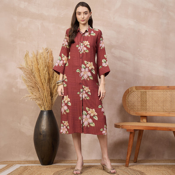 Brown Floral Print Dress for Women – Bamberg Muslin | First Resort by Ramola Bachchan
