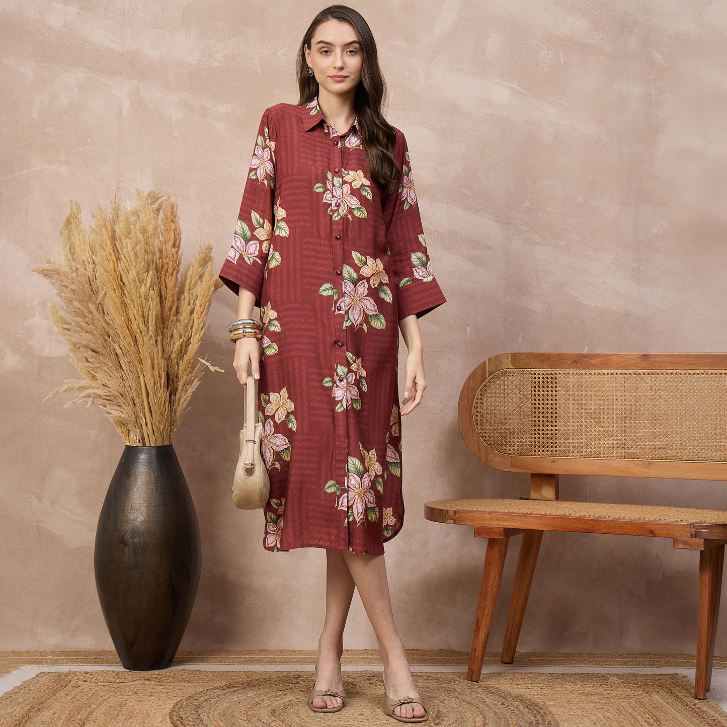 Brown Floral Print Dress for Women – Bamberg Muslin – Front View | First Resort by Ramola Bachchan