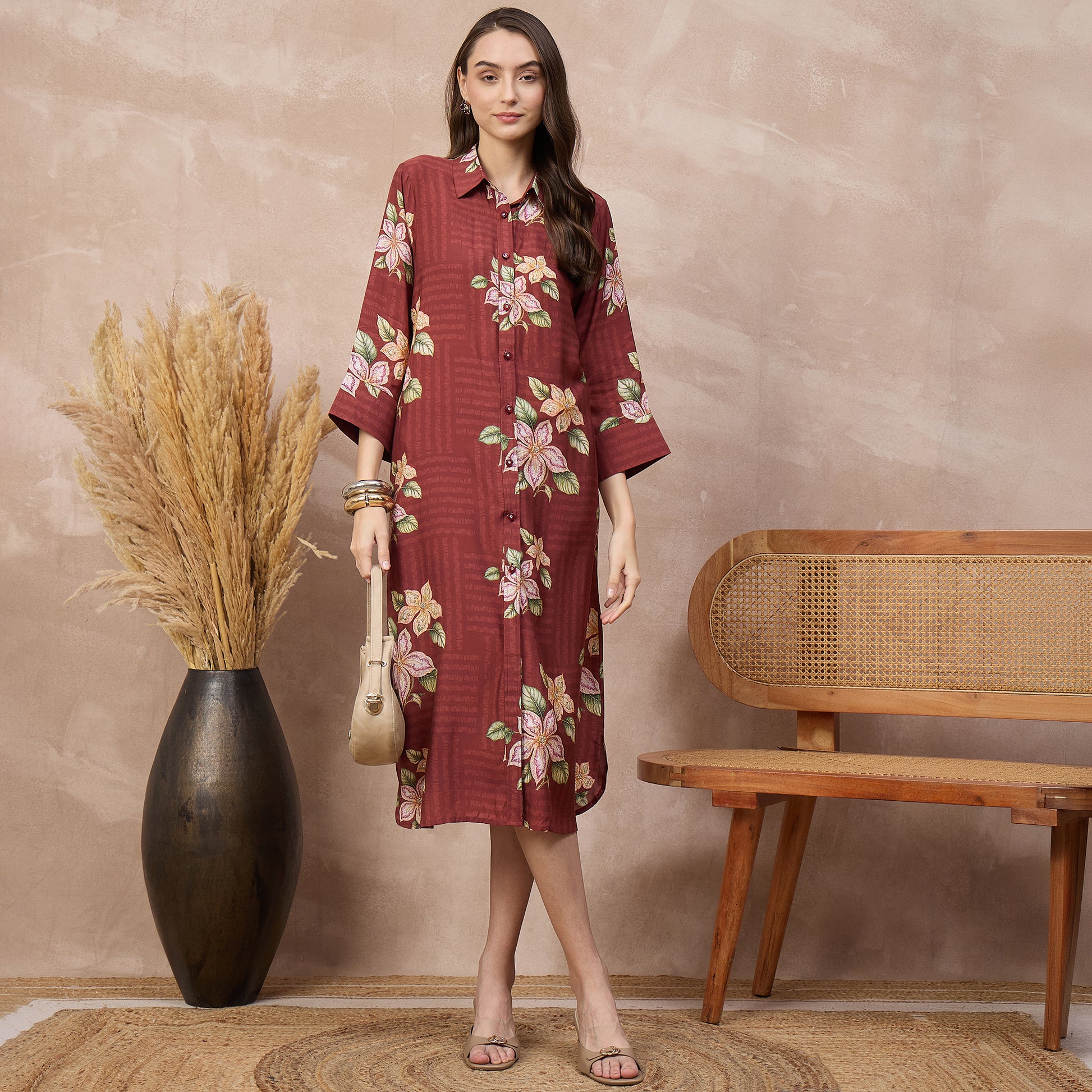 Brown Floral Print Dress for Women – Bamberg Muslin – Front View | First Resort by Ramola Bachchan