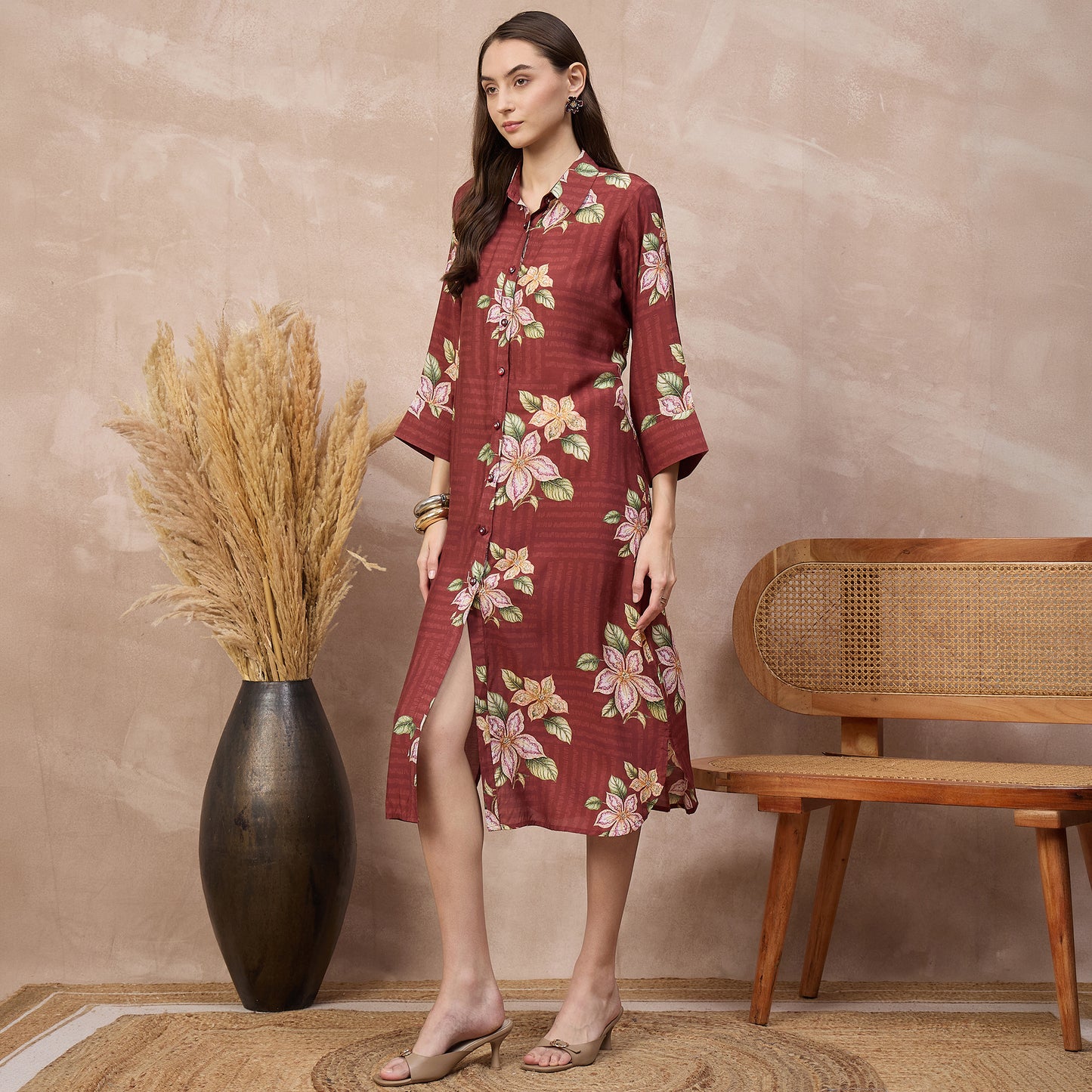 Brown Floral Print Dress for Women – Bamberg Muslin – Model View | First Resort by Ramola Bachchan