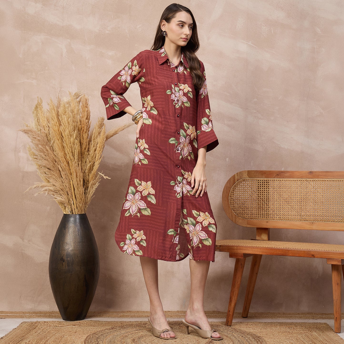 Brown Floral Print Dress for Women – Bamberg Muslin – Side View | First Resort by Ramola Bachchan