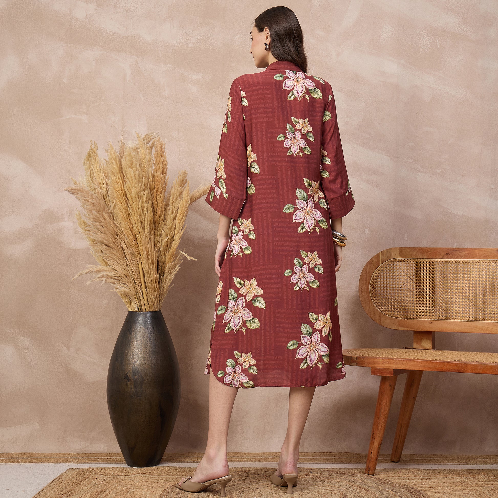 Brown Floral Print Dress for Women – Bamberg Muslin – Detail View | First Resort by Ramola Bachchan