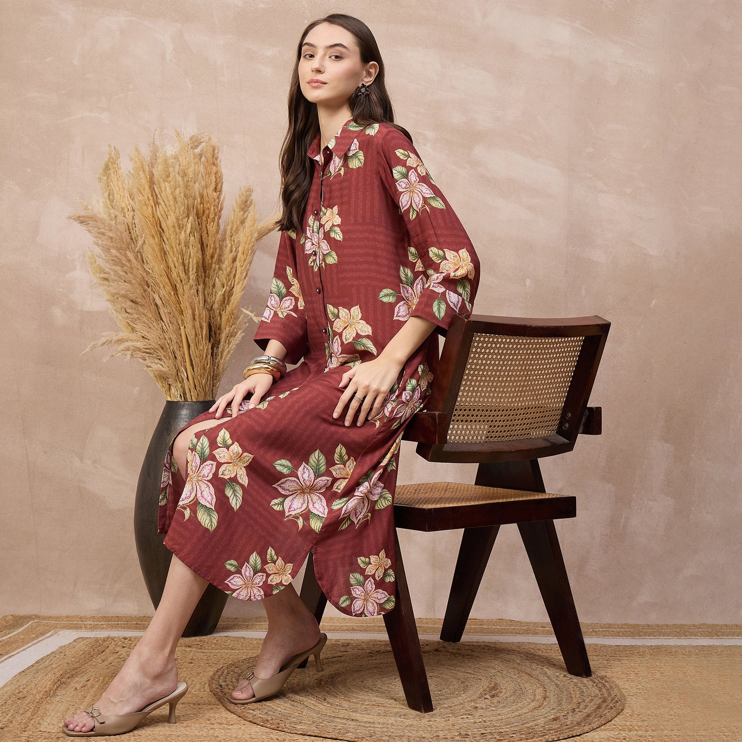 Brown Floral Print Dress for Women – Bamberg Muslin – Back View | First Resort by Ramola Bachchan